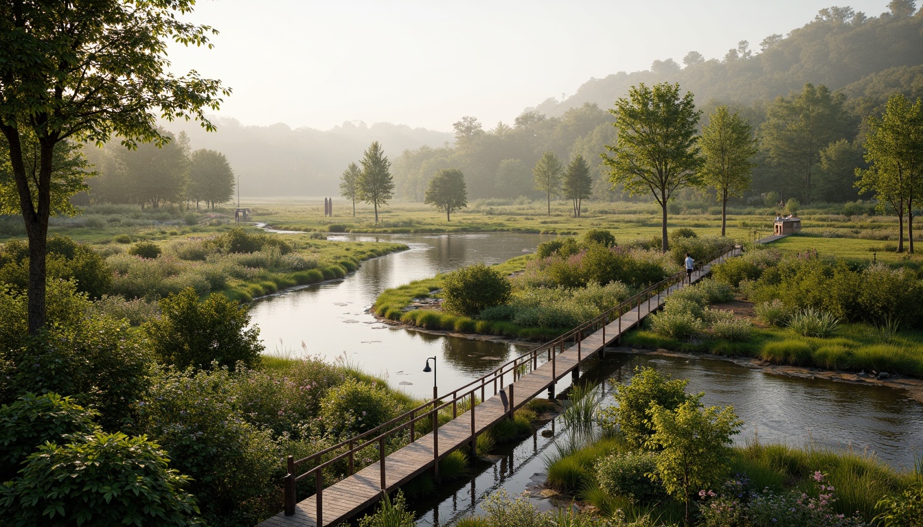 Prompt: Serene wetland landscape, lush vegetation, tranquil water bodies, winding streams, rustic wooden boardwalks, observation decks, educational signs, native aquatic plants, diverse wildlife habitats, natural stone pathways, meandering trails, soft warm lighting, shallow depth of field, 3/4 composition, panoramic view, realistic textures, ambient occlusion, misty morning atmosphere, vibrant greenery, earthy tones, organic forms, sustainable design principles.