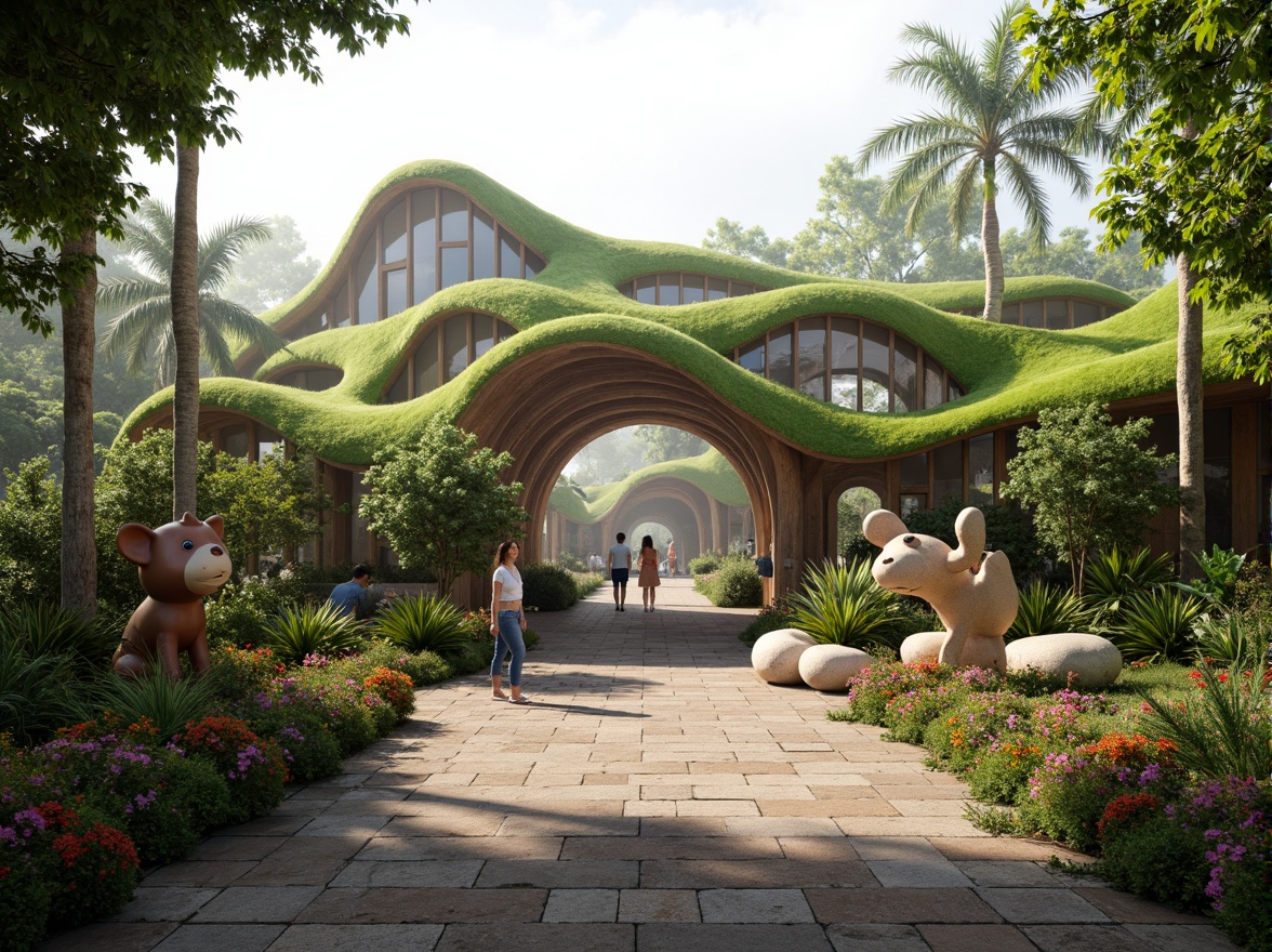 Prompt: Whimsical zoo entrance, undulating organic forms, vibrant green roofs, wavy wooden structures, natural stone walls, playful animal sculptures, meandering pathways, lush tropical plants, exotic flowers, misty atmosphere, soft warm lighting, shallow depth of field, 1/1 composition, panoramic view, realistic textures, ambient occlusion, futuristic biomimicry elements, curved lines, irregular shapes, earthy color palette, natural ventilation systems, eco-friendly materials, innovative water features.