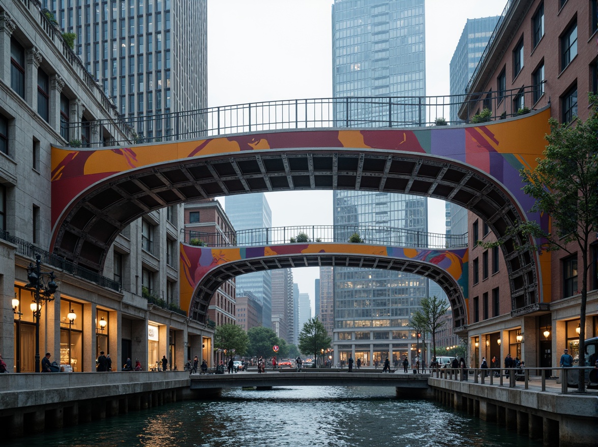 Prompt: Eclectic bridge architecture, curved lines, irregular shapes, mixed materials, steel beams, stone pillars, wooden decks, vibrant color schemes, ornate details, Gothic-inspired arches, Romanesque columns, Art Nouveau motifs, futuristic accents, dynamic lighting, misty atmosphere, urban cityscape, riverbank setting, pedestrian walkways, vehicle traffic flow, 1/2 composition, low-angle shot, dramatic shadows, realistic textures, ambient occlusion.