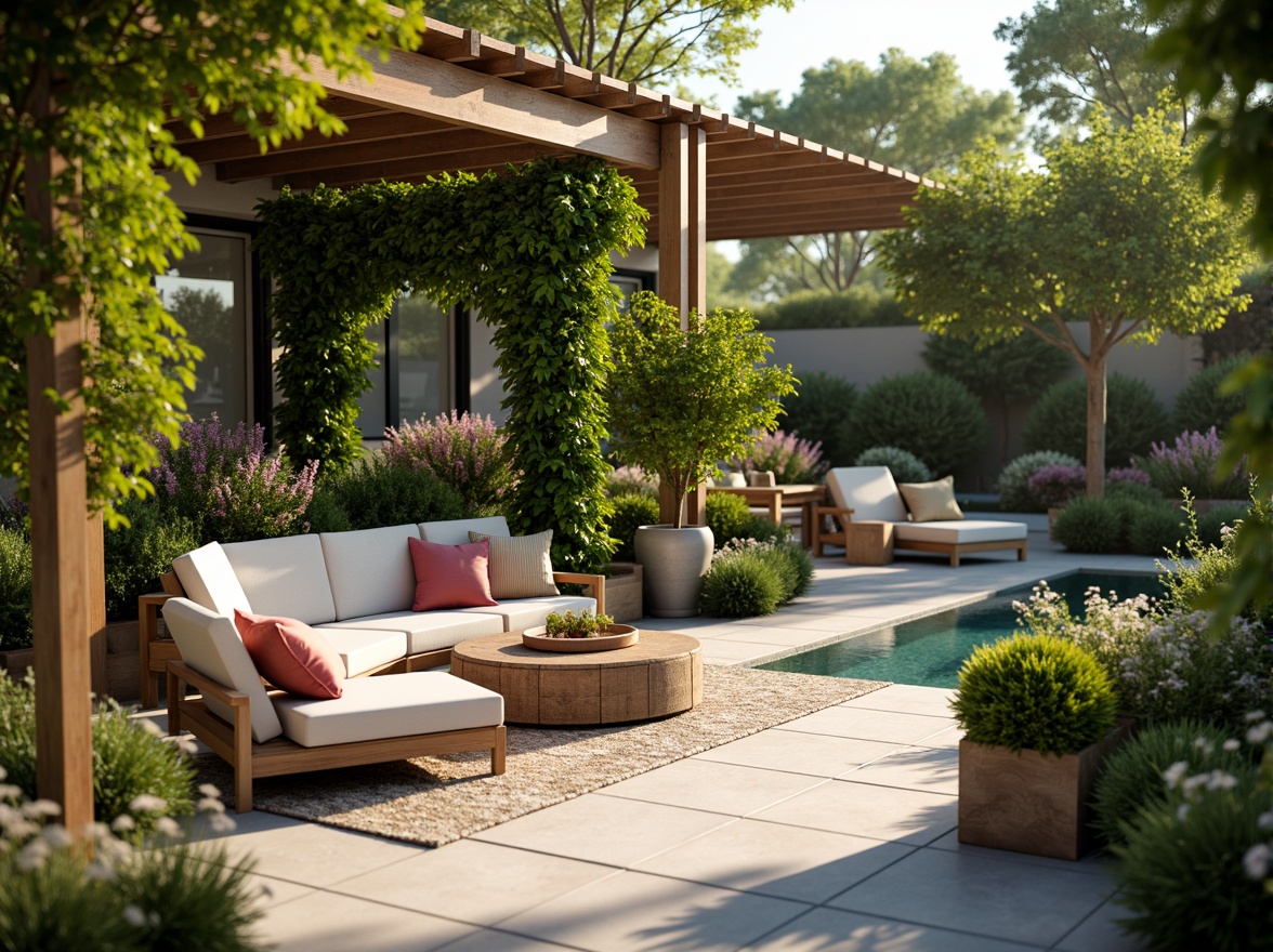 Prompt: Cozy patio, lush greenery, vibrant flowers, comfortable outdoor furniture, soft cushions, warm lighting, natural stone flooring, wooden accents, modern pergola, climbing plants, serene ambiance, shallow depth of field, 1/1 composition, realistic textures, ambient occlusion, sunny day, gentle breeze, refreshing water features, soothing sound effects.