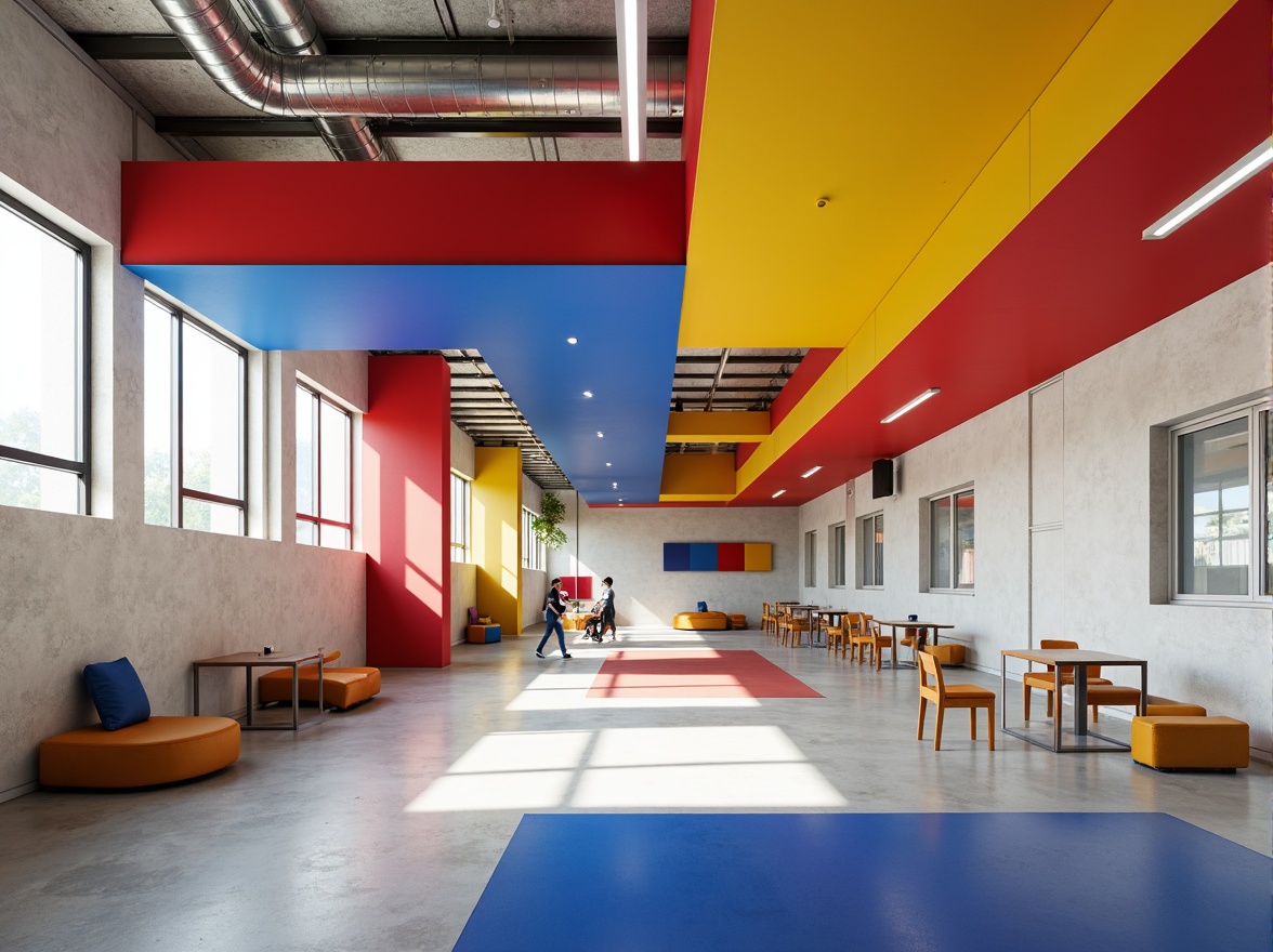 Prompt: Vibrant constructivist school, bold geometric shapes, primary color scheme, bright red accents, deep blue tones, yellow highlights, white concrete walls, industrial metal beams, exposed ductwork, minimalist furniture, functional design, open floor plans, collaborative learning spaces, natural light pouring in, softbox lighting, shallow depth of field, 1/1 composition, realistic textures, ambient occlusion.