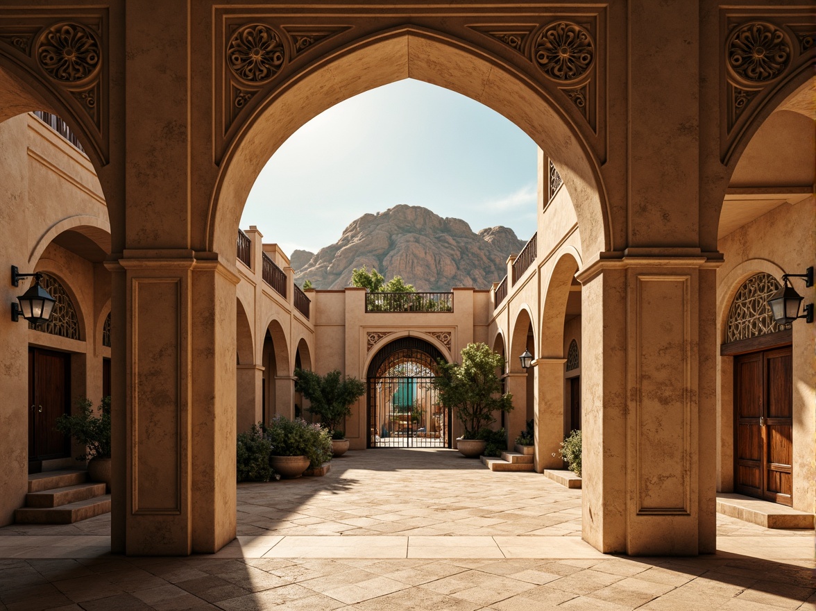 Prompt: Majestic desert villa, gothic architecture, warm beige stone walls, intricately carved arches, ornate ironwork, grandiose entrance gates, mystical lanterns, vibrant turquoise accents, earthy terracotta roofs, rustic wooden doors, mysterious alcoves, dramatic shadows, warm golden lighting, cinematic composition, atmospheric perspective, realistic rock textures, ambient occlusion.