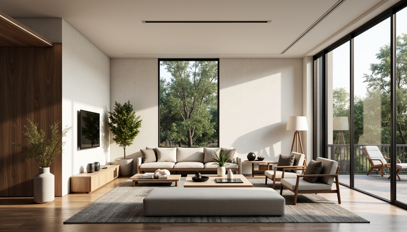 Prompt: Modern living room, sleek furniture, minimalist decor, functional layout, ample natural light, floor-to-ceiling windows, sliding glass doors, polished hardwood floors, comfortable seating areas, stylish coffee tables, decorative vases, greenery accents, soft warm lighting, 1/1 composition, shallow depth of field, realistic textures, ambient occlusion.