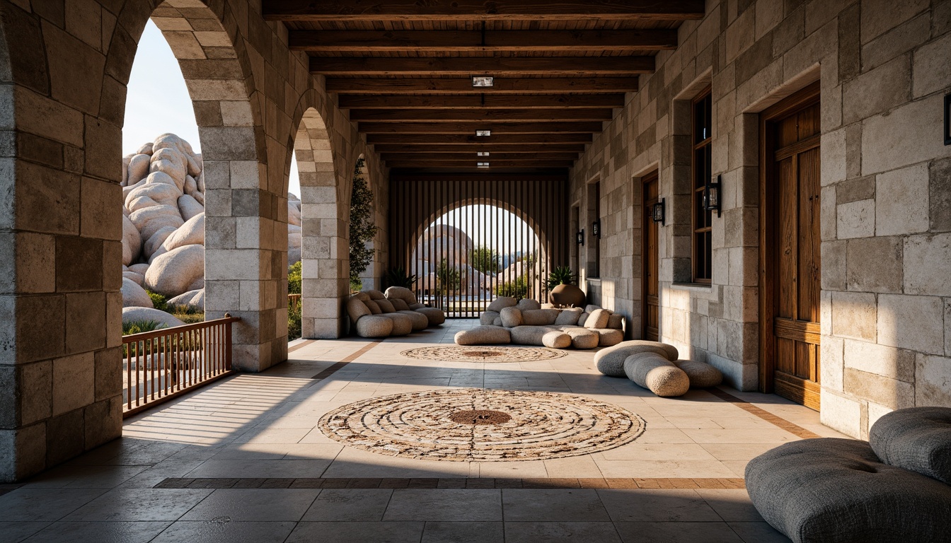 Prompt: Rough stone walls, weathered wooden planks, rusty metal grills, smooth concrete floors, intricate tile mosaics, natural rock formations, earthy terrain, organic shapes, brutalist architecture, industrial chic aesthetic, dramatic shadows, warm ambient lighting, shallow depth of field, 1/1 composition, realistic textures, ambient occlusion.