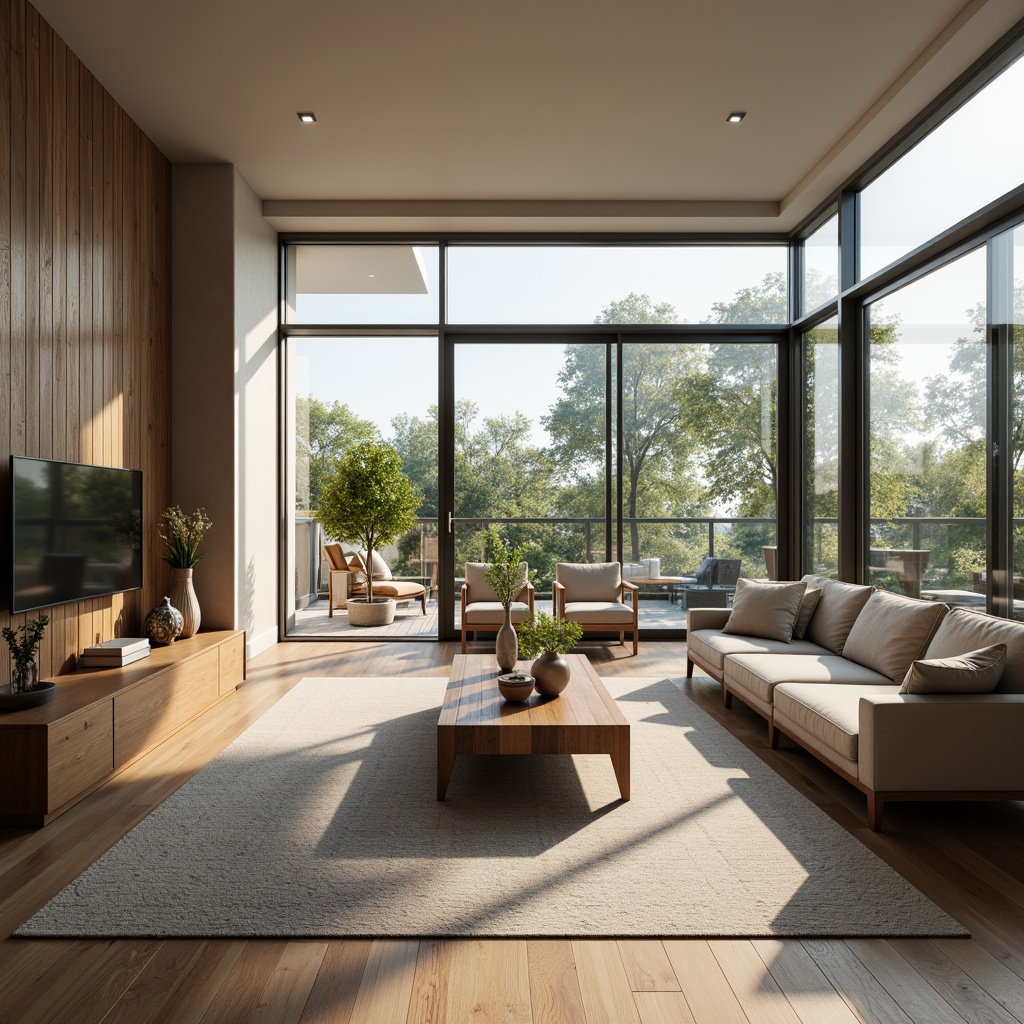 Prompt: Modern living room, sleek furniture, minimalist decor, functional layout, ample natural light, floor-to-ceiling windows, sliding glass doors, polished hardwood floors, comfortable seating areas, stylish coffee tables, decorative vases, greenery accents, soft warm lighting, 1/1 composition, shallow depth of field, realistic textures, ambient occlusion.