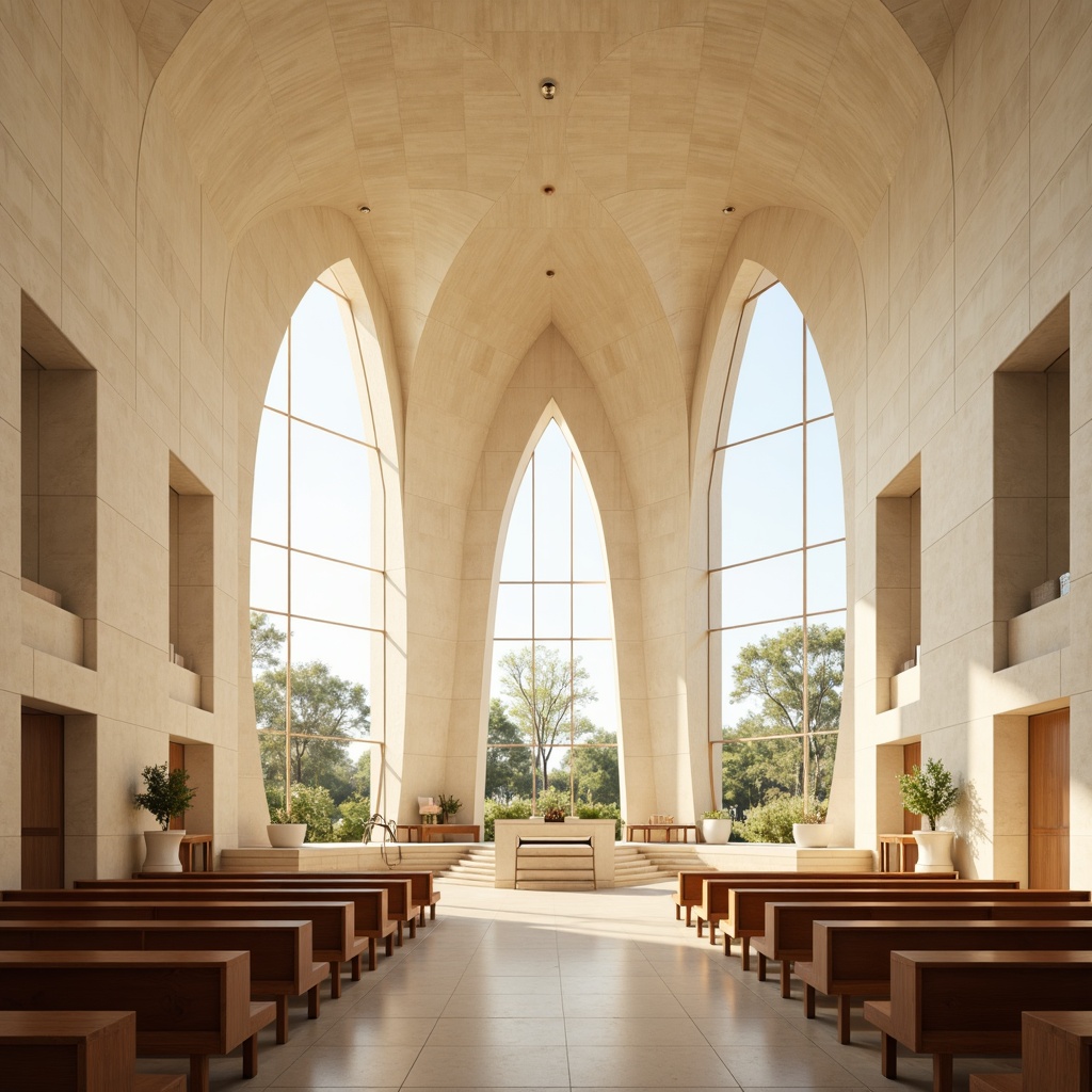 Prompt: Sleek modern church, curved lines, minimalist architecture, cream-colored stone walls, large stained glass windows, subtle natural light, warm beige interior, polished wooden pews, simple altar design, soft golden lighting, shallow depth of field, 1/1 composition, realistic textures, ambient occlusion, calming atmosphere, serene ambiance, gentle color palette, soothing earth tones, muted pastel hues.