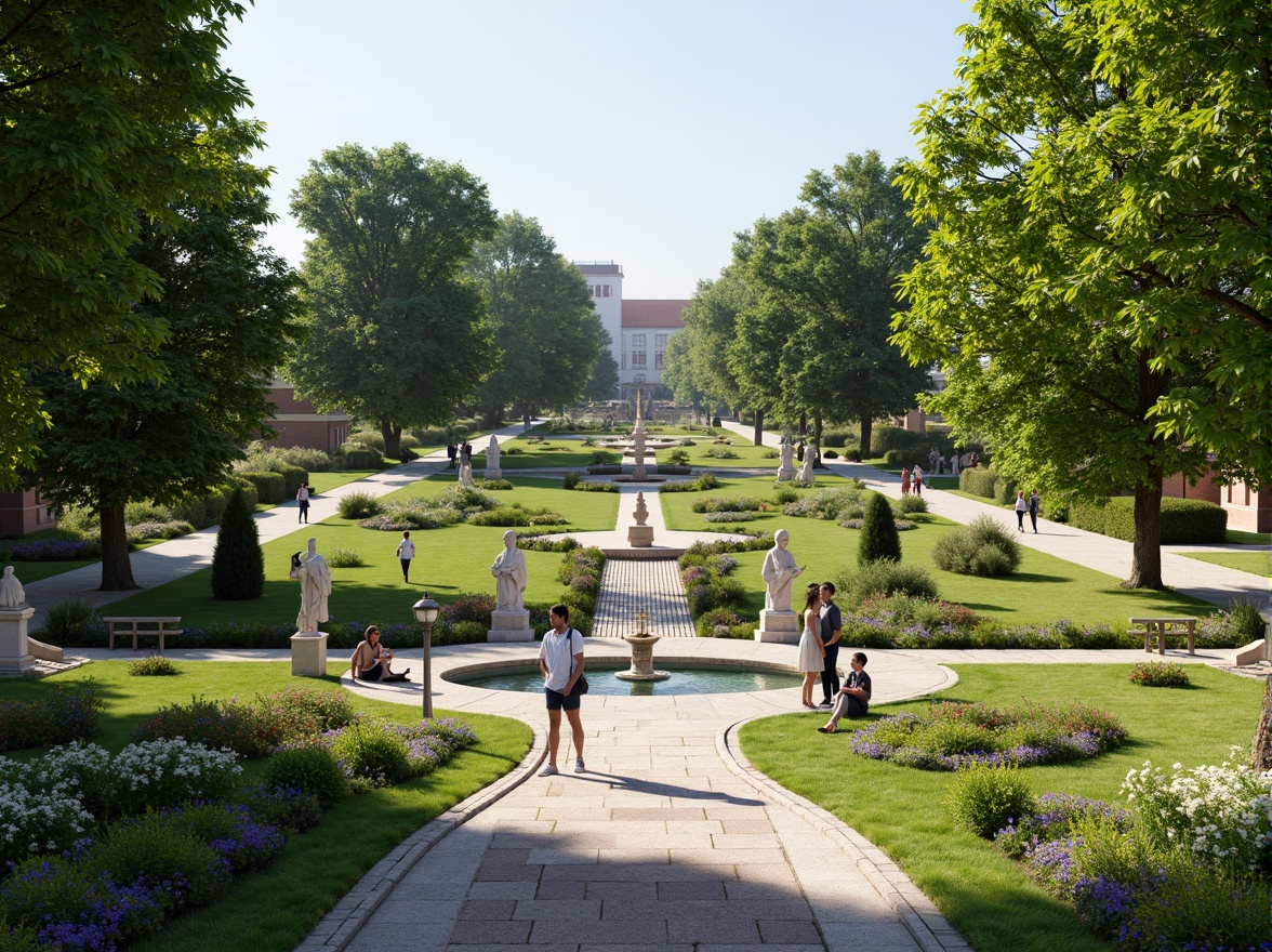 Prompt: Manicured lawns, ornate fountains, symmetrical gardens, majestic trees, walking paths, stone statues, classical columns, ornamental hedges, vibrant flower beds, tranquil ponds, serene water features, elegant street lamps, refined benches, harmonious color palette, soft natural lighting, 1/1 composition, realistic textures, ambient occlusion.