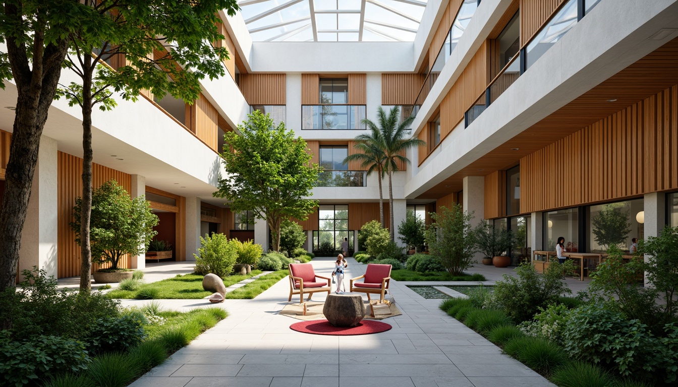 Prompt: Vibrant atrium, lush greenery, natural stone walls, wooden accents, floor-to-ceiling windows, clerestory windows, skylights, open floor plans, minimalist decor, reflective surfaces, bright color schemes, warm ambient lighting, soft shadows, 1/1 composition, shallow depth of field, panoramic view, realistic textures, ambient occlusion.