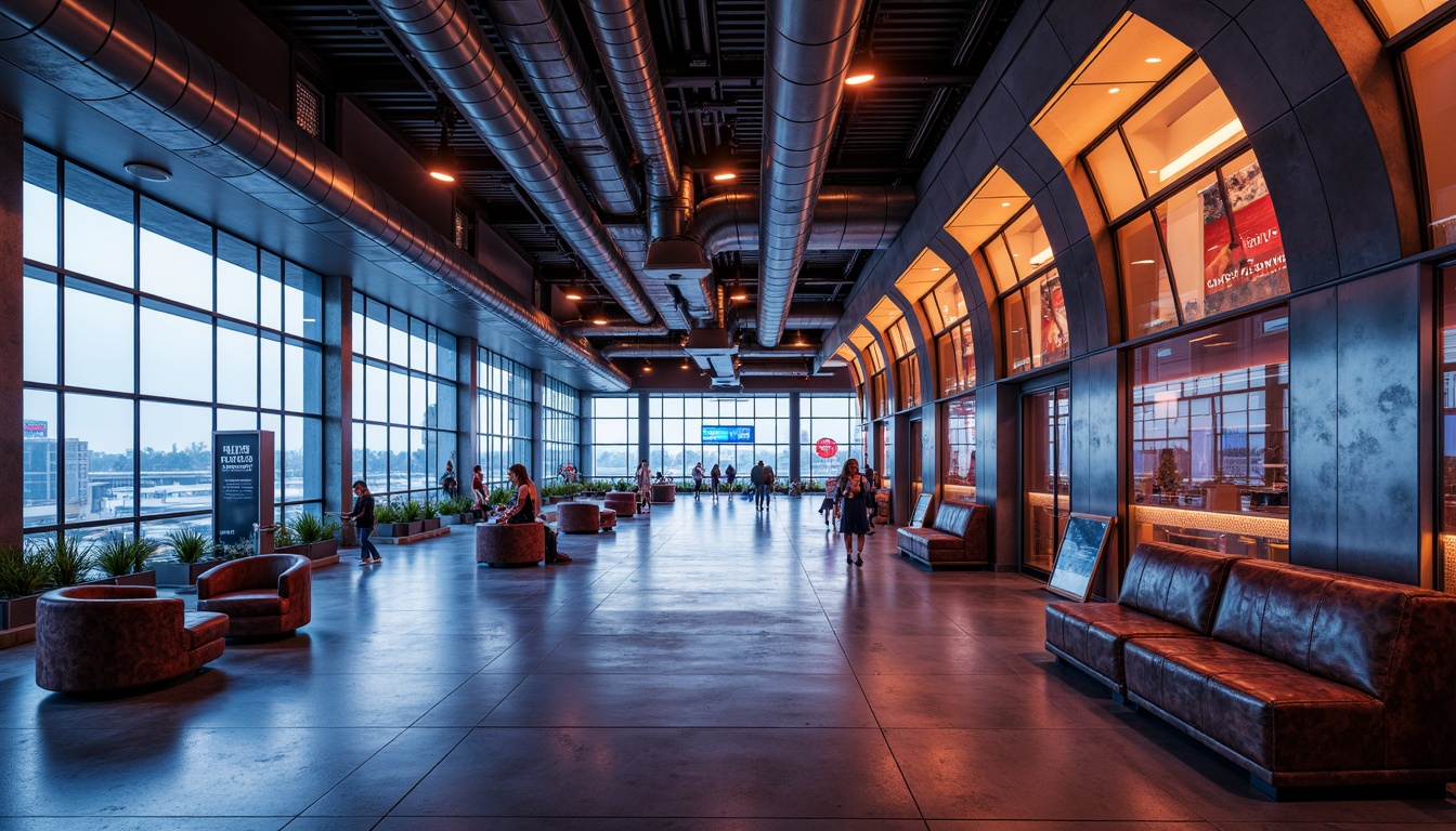 Prompt: Vibrant airport terminal, futuristic architecture, metallic surfaces, reflective glass facades, angular lines, neon lights, dynamic LED displays, sleek steel beams, polished concrete floors, industrial-style pipes, exposed ductwork, distressed metal textures, worn leather seats, retro-futuristic decor, abstract geometric patterns, bold color schemes, high-contrast lighting, dramatic shadows, cinematic composition, 1/2 camera angle, shallow depth of field.