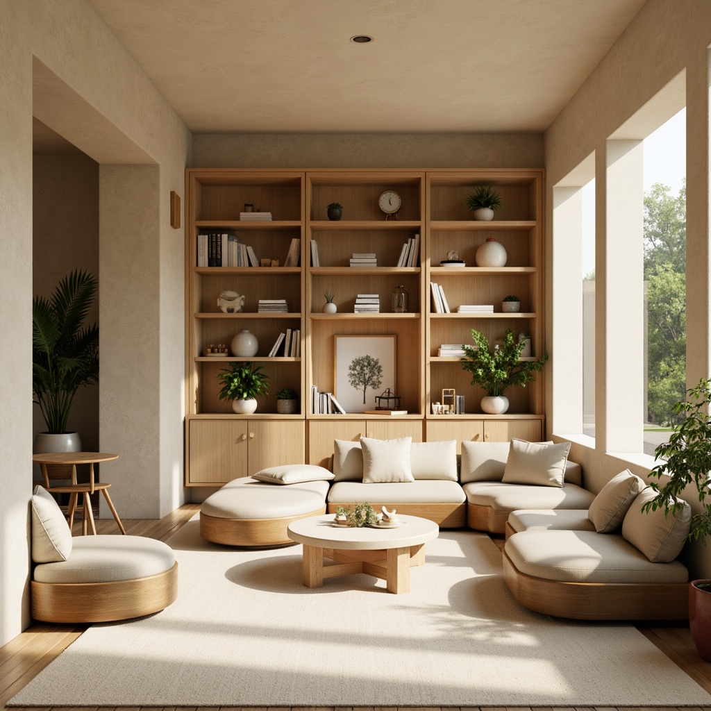 Prompt: Muted earthy tones, soft pastel hues, calming beige walls, natural wood accents, plush greenery, creamy whites, warm golden lighting, cozy reading nooks, comfortable seating areas, minimalist decor, subtle texture contrasts, organic shapes, serene atmosphere, shallow depth of field, 1/1 composition, realistic renderings, ambient occlusion.