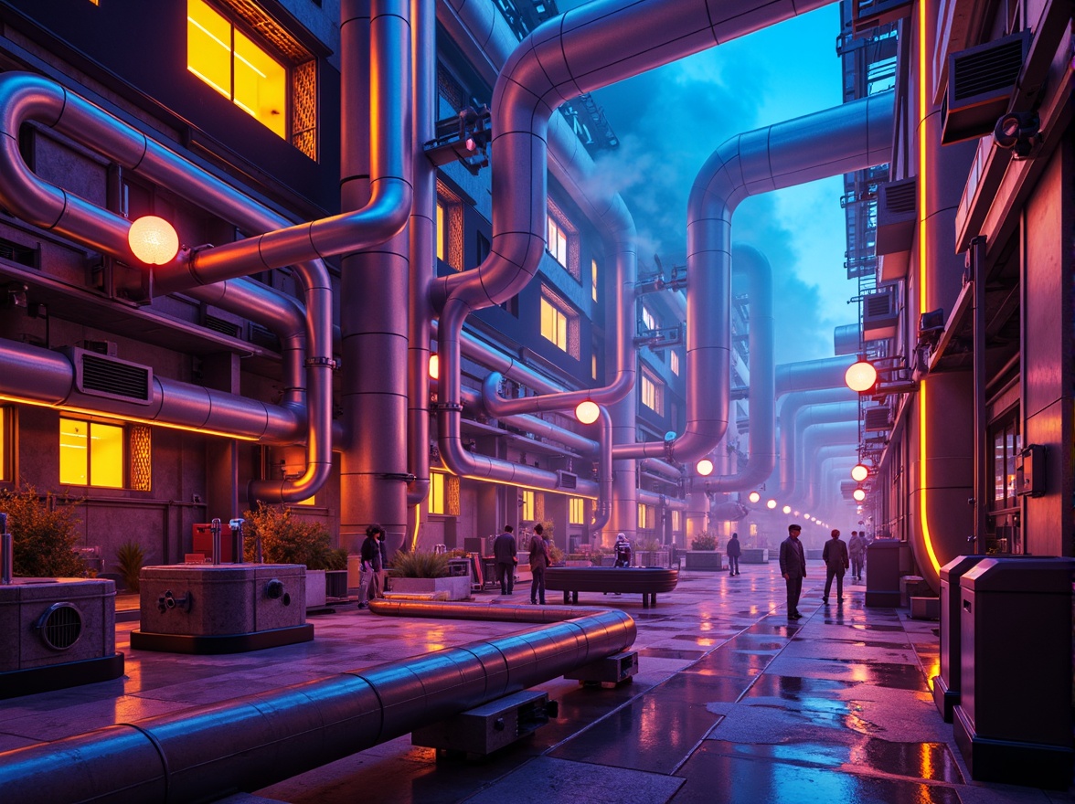 Prompt: Vibrant energy plant, neon-lit pipes, glowing orbs, metallic structures, industrial machinery, futuristic architecture, bold color blocking, high-contrast lighting, electric blue accents, fiery orange hues, radiant yellow highlights, deep purple shadows, abstract geometric patterns, 3D modeling, low-poly textures, atmospheric fog, dramatic camera angles, cinematic composition, dynamic simulations.