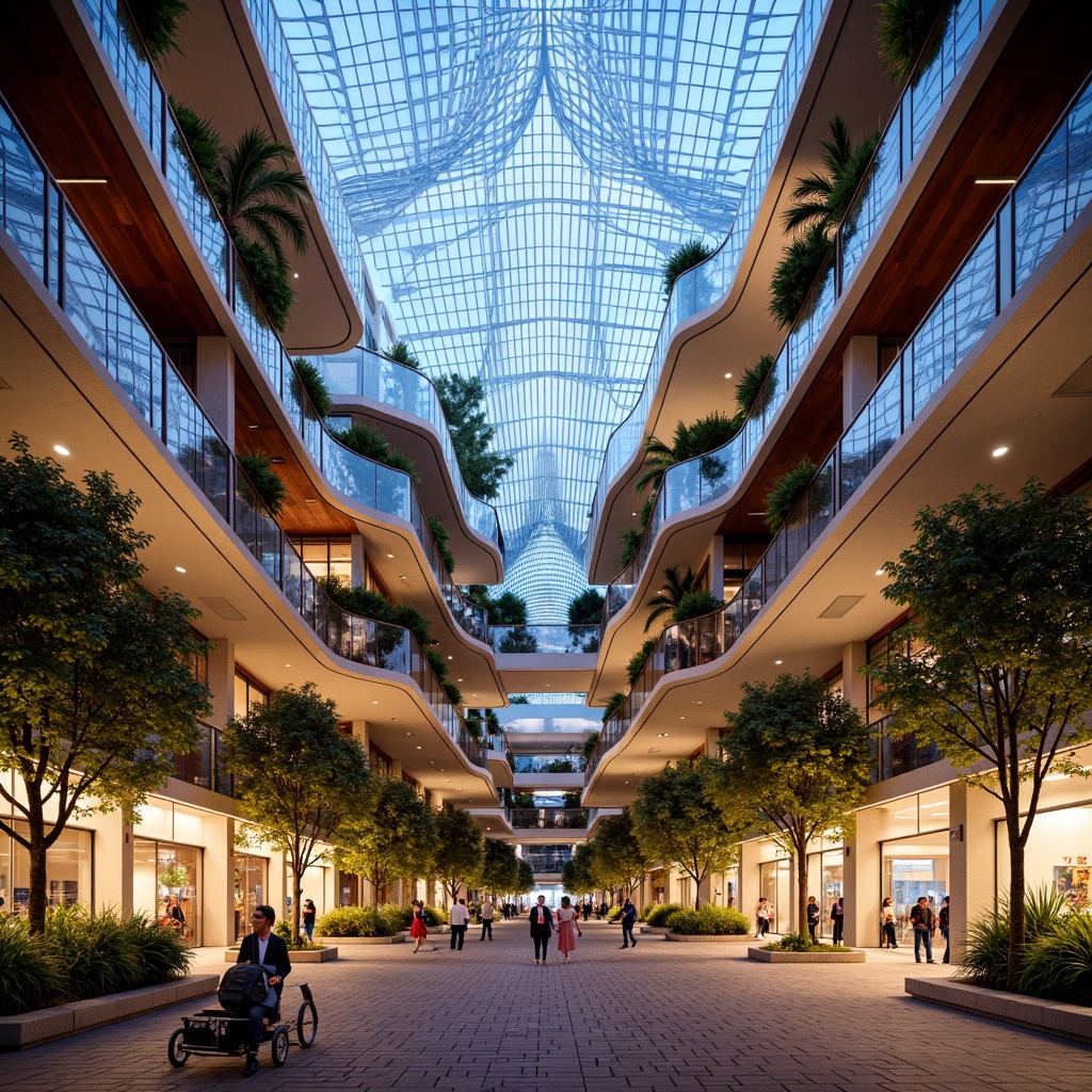 Prompt: Vibrant cultural center, undulating curves, dynamic LED lighting, translucent glass fa\u00e7ade, cantilevered rooflines, grand entrance plaza, water feature installations, lush green walls, natural stone cladding, modern minimalist architecture, angular lines, bold color schemes, geometric patterns, intricate mosaics, ornate metalwork, grand atrium spaces, soft warm lighting, shallow depth of field, 1/1 composition, realistic textures, ambient occlusion.