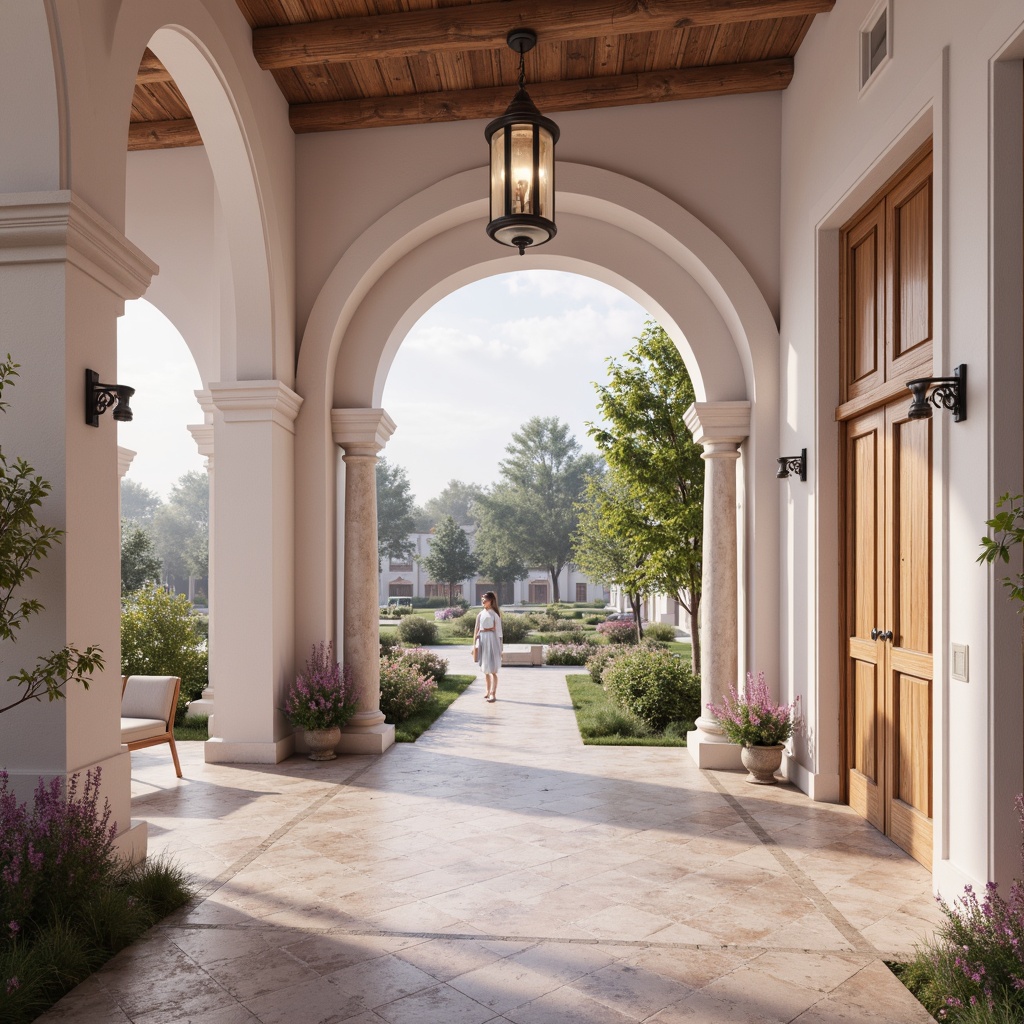 Prompt: Soft lilac hues, pastel pink undertones, creamy whites, warm beige accents, rich wood textures, natural stone floors, elegant archways, ornate metal fixtures, lush greenery, blooming flowers, serene atmosphere, soft warm lighting, shallow depth of field, 3/4 composition, realistic textures, ambient occlusion.