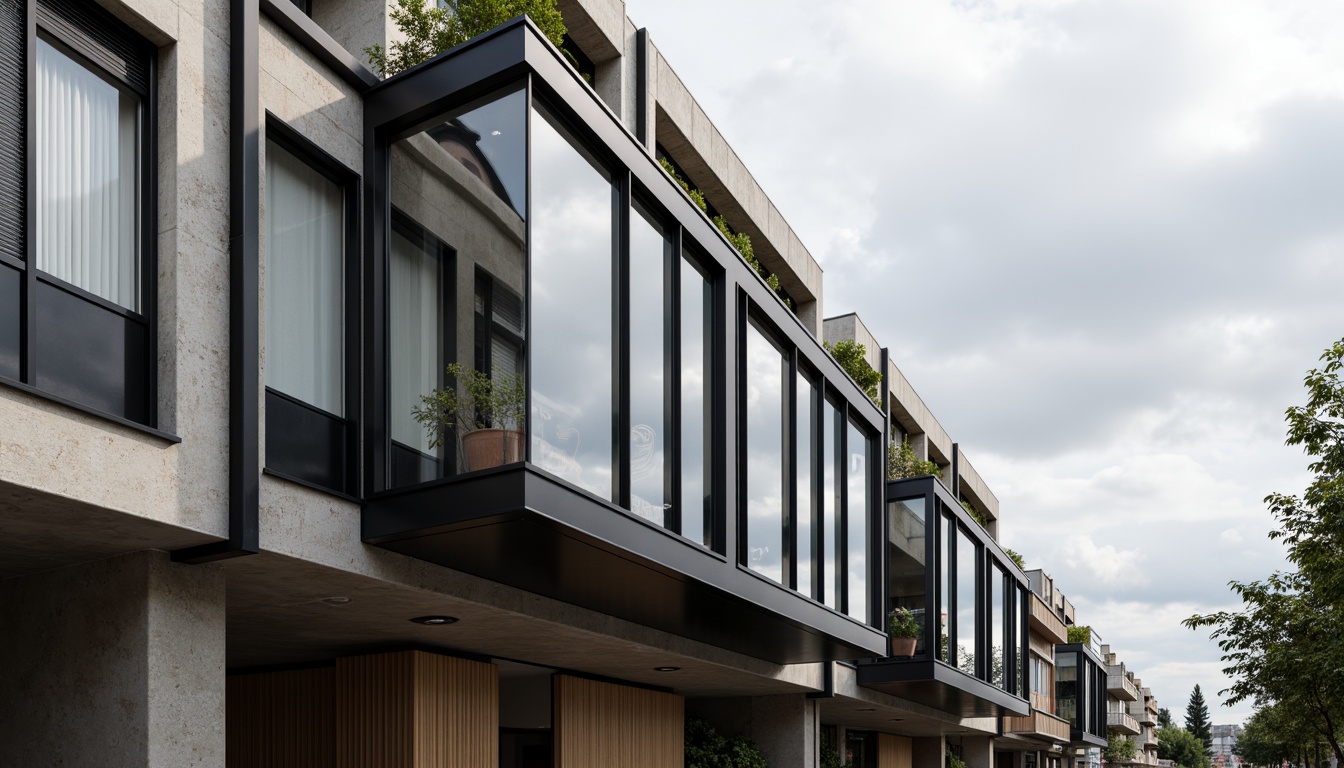 Prompt: Modern building facade, sleek metal cladding, reflective glass surfaces, rough concrete walls, natural stone textures, wooden accents, industrial chic aesthetic, urban cityscape, cloudy grey sky, soft diffused lighting, shallow depth of field, 3/4 composition, realistic renderings, ambient occlusion.