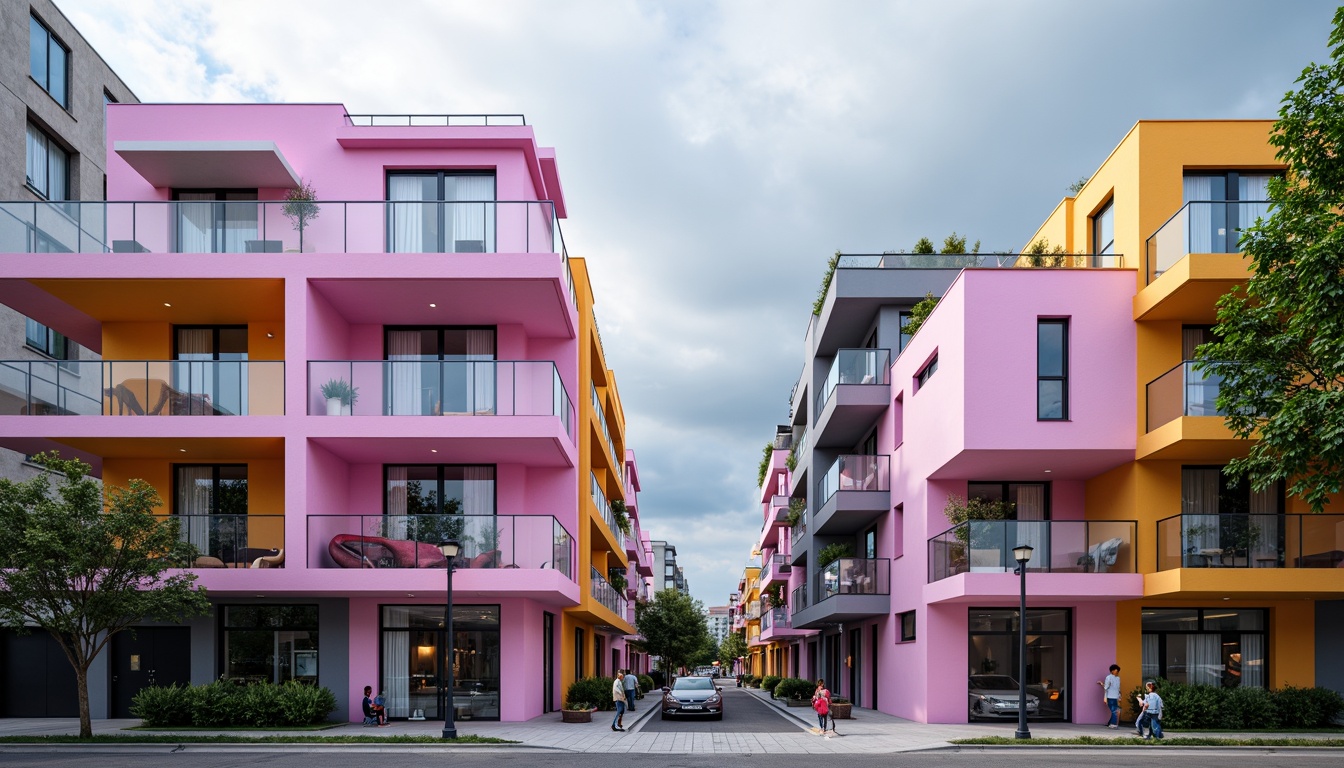 Prompt: Vibrant modernist architecture, bold geometric shapes, monochromatic color scheme, pastel hues, neon accents, metallic finishes, sleek glass surfaces, minimalist decor, industrial materials, urban cityscape, cloudy grey sky, dramatic shadows, high contrast lighting, 1/1 composition, symmetrical framing, abstract textures, atmospheric perspective.