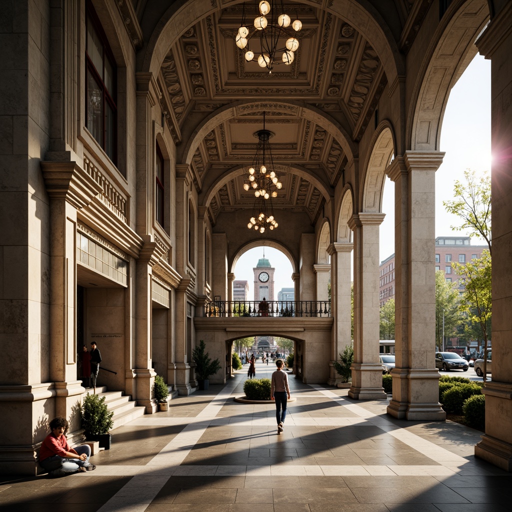 Prompt: Grand bus station, ornate fa\u00e7ade, classical columns, architrave details, rusticated stone walls, symmetrical composition, grand entrance, sweeping staircases, elegant chandeliers, intricate moldings, vintage clock towers, historic landmarks, urban cityscape, morning sunlight, soft warm lighting, shallow depth of field, 1/1 composition, realistic textures, ambient occlusion.