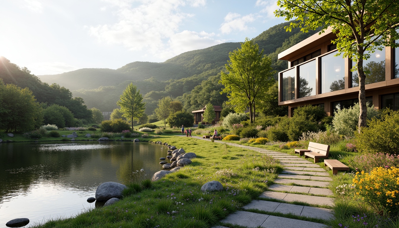 Prompt: Harmonious landscape integration, rolling hills, lush greenery, serene lakeside, walking trails, wooden benches, natural stone pathways, modern architecture, large windows, glass doors, blooming flowers, sunny day, soft warm lighting, shallow depth of field, 3/4 composition, panoramic view, realistic textures, ambient occlusion.