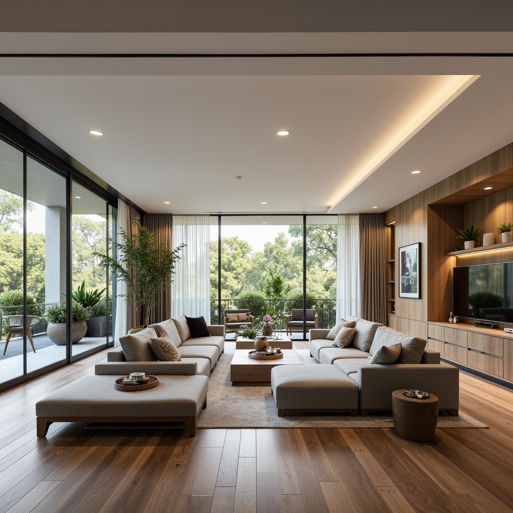 Prompt: Modern living room, sleek furniture, minimalist decor, functional layout, ample natural light, floor-to-ceiling windows, sliding glass doors, polished hardwood floors, comfortable seating areas, stylish coffee tables, decorative vases, greenery accents, soft warm lighting, 1/1 composition, shallow depth of field, realistic textures, ambient occlusion.