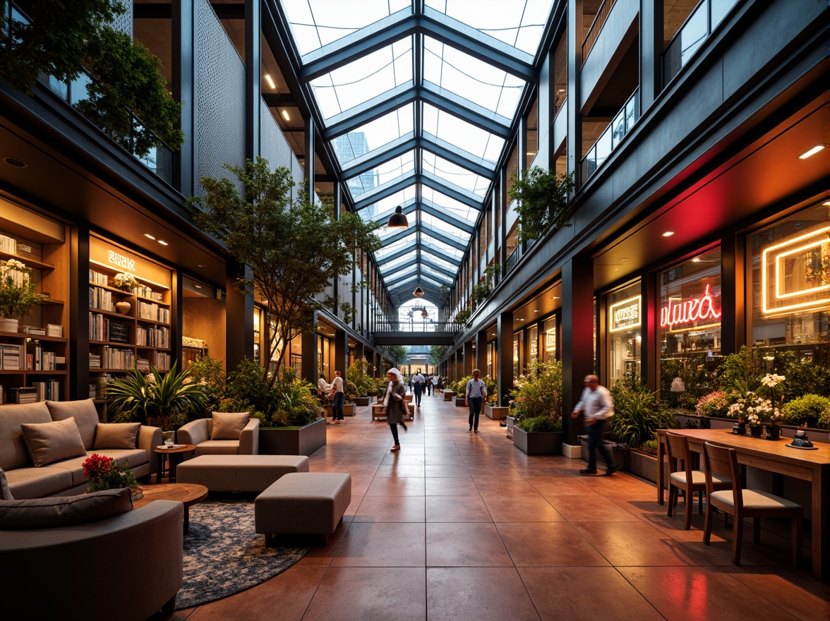 Prompt: Monochromatic modern market, sleek glass roofs, polished metal accents, industrial chic atmosphere, exposed ductwork, reclaimed wood textures, urban cityscape backdrop, vibrant neon signage, eclectic mix of vintage and contemporary furniture, rich terracotta flooring, warm golden lighting, shallow depth of field, 1/1 composition, realistic reflections, ambient occlusion.