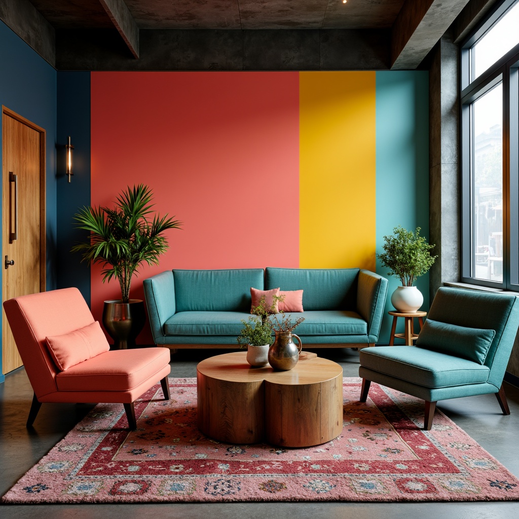 Prompt: Vibrant accent walls, bold color blocking, contrasting furniture upholstery, richly textured rugs, metallic decorative accents, warm ambient lighting, modern minimalist decor, sleek low-profile furniture, pops of bright coral, deep teal, and sunny yellow, natural wood tones, industrial chic concrete floors, urban loft-inspired design, atmospheric misty effects, shallow depth of field, 1/1 composition, realistic material textures.