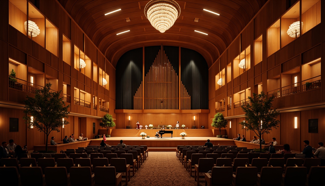 Prompt: Intimate concert hall, wooden paneling, sound-absorbing materials, curved lines, minimal reverberation, optimal speaker placement, acoustic transparency, natural ambiance, warm lighting, comfortable seating, rich wood tones, velvet drapes, ornate chandeliers, grand piano, live performance, evening atmosphere, soft focus, shallow depth of field, 1/2 composition, realistic textures.