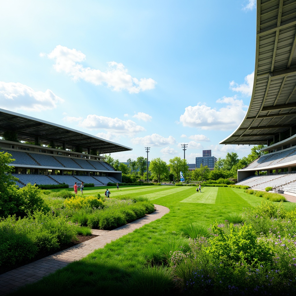 Prompt: Vibrant sports field, lush green grass, undulating terrain, meandering pathways, organic curves, futuristic architecture, sleek metal bleachers, transparent roofs, angular lines, minimalist design, sustainable energy solutions, solar panels, wind turbines, water conservation systems, green roofs, eco-friendly materials, innovative cooling technologies, shaded outdoor spaces, misting systems, dynamic lighting, 3/4 composition, panoramic view, realistic textures, ambient occlusion.