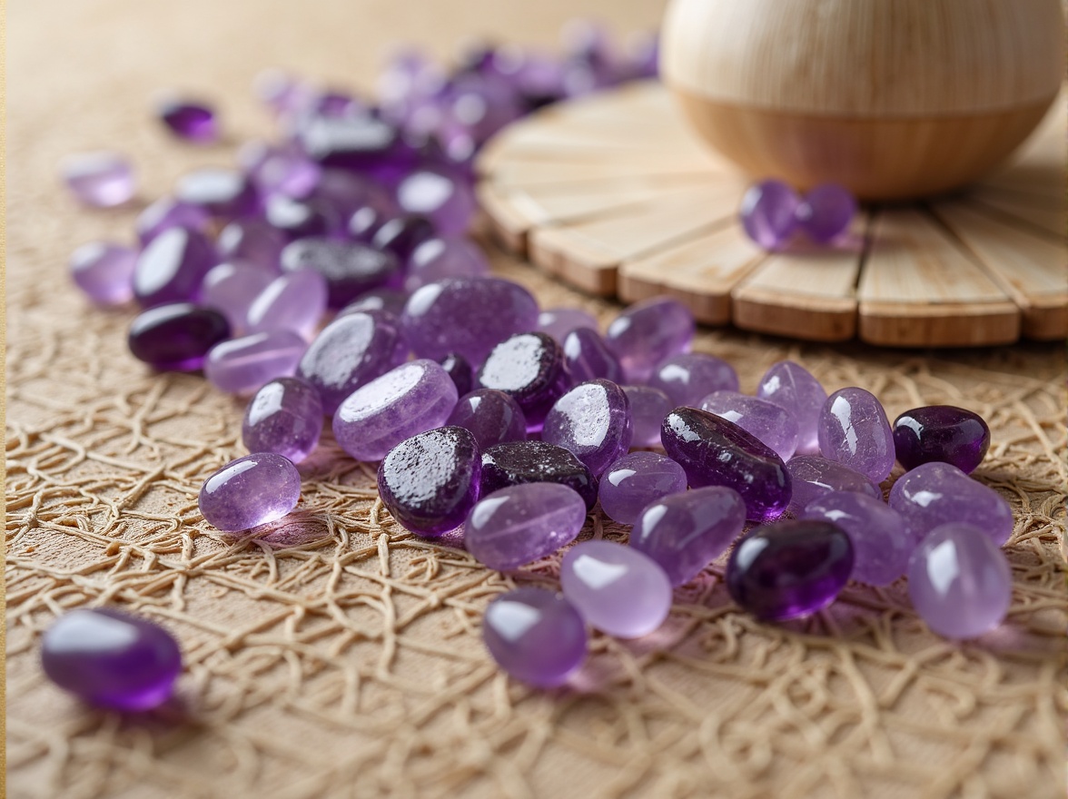 Prompt: Rich amethyst gemstones, natural bamboo textures, earthy tones, soft lavender hues, creamy whites, warm beige accents, organic shapes, woven patterns, subtle gradient effects, delicate filigree details, elegant curves, minimalist decor, serene ambiance, softbox lighting, shallow depth of field, 2/3 composition, realistic renderings, ambient occlusion.