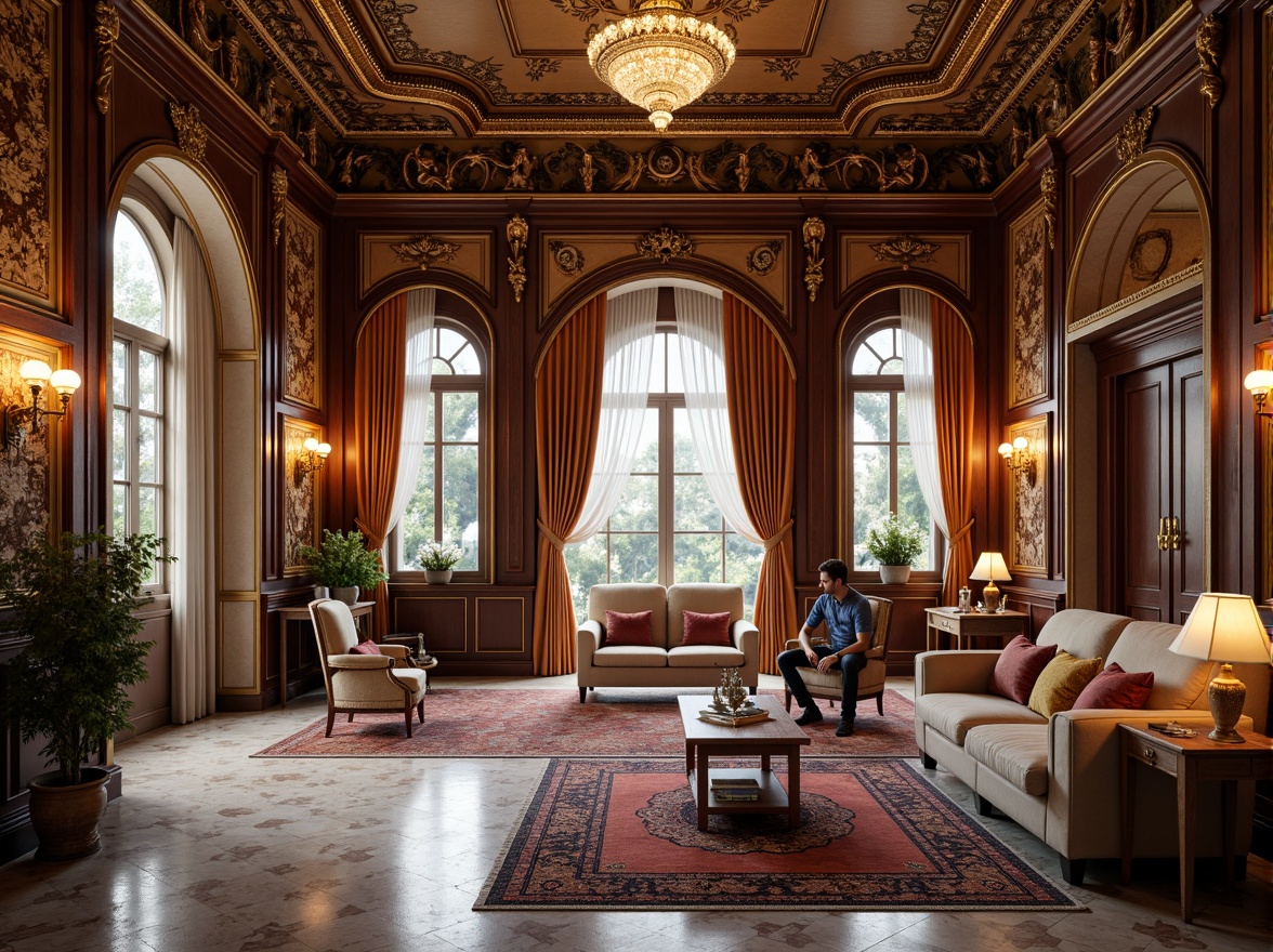 Prompt: Luxurious apartment interior, ornate Renaissance-style furnishings, intricately carved wooden panels, gilded accents, velvet drapes, crystal chandeliers, marble flooring, richly patterned rugs, opulent fabrics, golden lighting fixtures, grandiose ceiling designs, lavish decorative moldings, classical columns, arched windows, soft warm lighting, shallow depth of field, 1/1 composition, realistic textures, ambient occlusion.