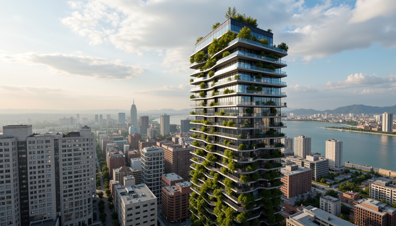 Prompt: Eco-friendly skyscraper, green roofs, solar panels, wind turbines, rainwater harvesting systems, grey water reuse, high-performance glazing, natural ventilation, double-glazed windows, low-E glass, LED lighting, occupancy sensors, energy-efficient elevators, recyclable materials, minimized waste, maximized daylight, optimized floor plates, cantilevered structures, aerodynamic shapes, urban wind farms, vertical gardens, living walls, bio-inspired facades, futuristic architecture, sleek metallic surfaces, angular lines, minimalist design, panoramic city views, dramatic cloud formations, soft warm lighting, shallow depth of field, 3/4 composition.