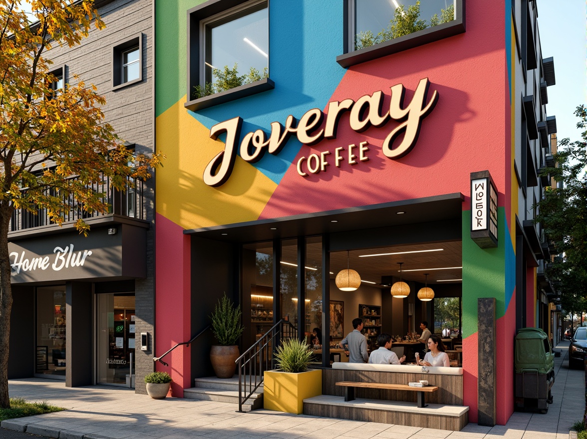 Prompt: Vibrant coffee shop facade, eclectic postmodern architecture, bold color blocking, irregular shapes, playful typography, neon signage, metal accents, reclaimed wood textures, industrial chic aesthetic, urban cityscape, bustling streets, morning sunlight, warm golden lighting, shallow depth of field, 1/1 composition, realistic materials, ambient occlusion.