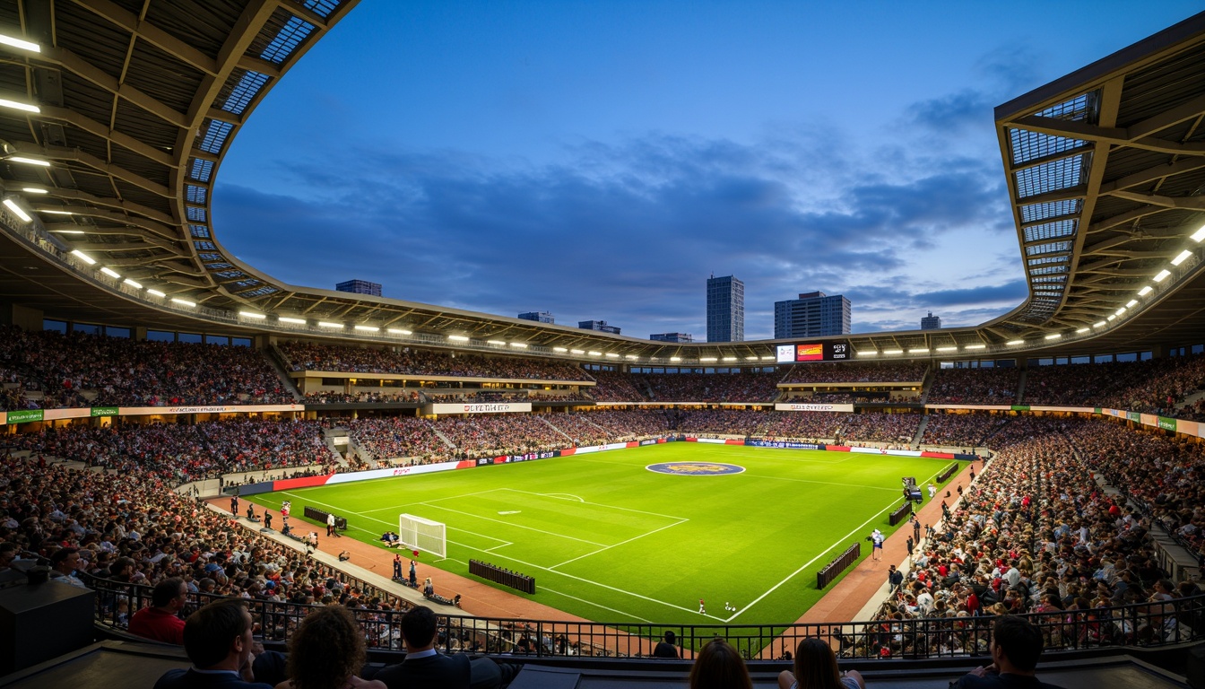 Prompt: Panoramic football stadium, lush green grass, vibrant sports lighting, tiered seating, modern architecture, sleek metal structures, angular lines, dynamic curves, natural stone fa\u00e7ades, glass roofs, open-air concourses, urban cityscape, bustling streets, evening atmosphere, warm golden lighting, shallow depth of field, 3/4 composition, realistic textures, ambient occlusion.