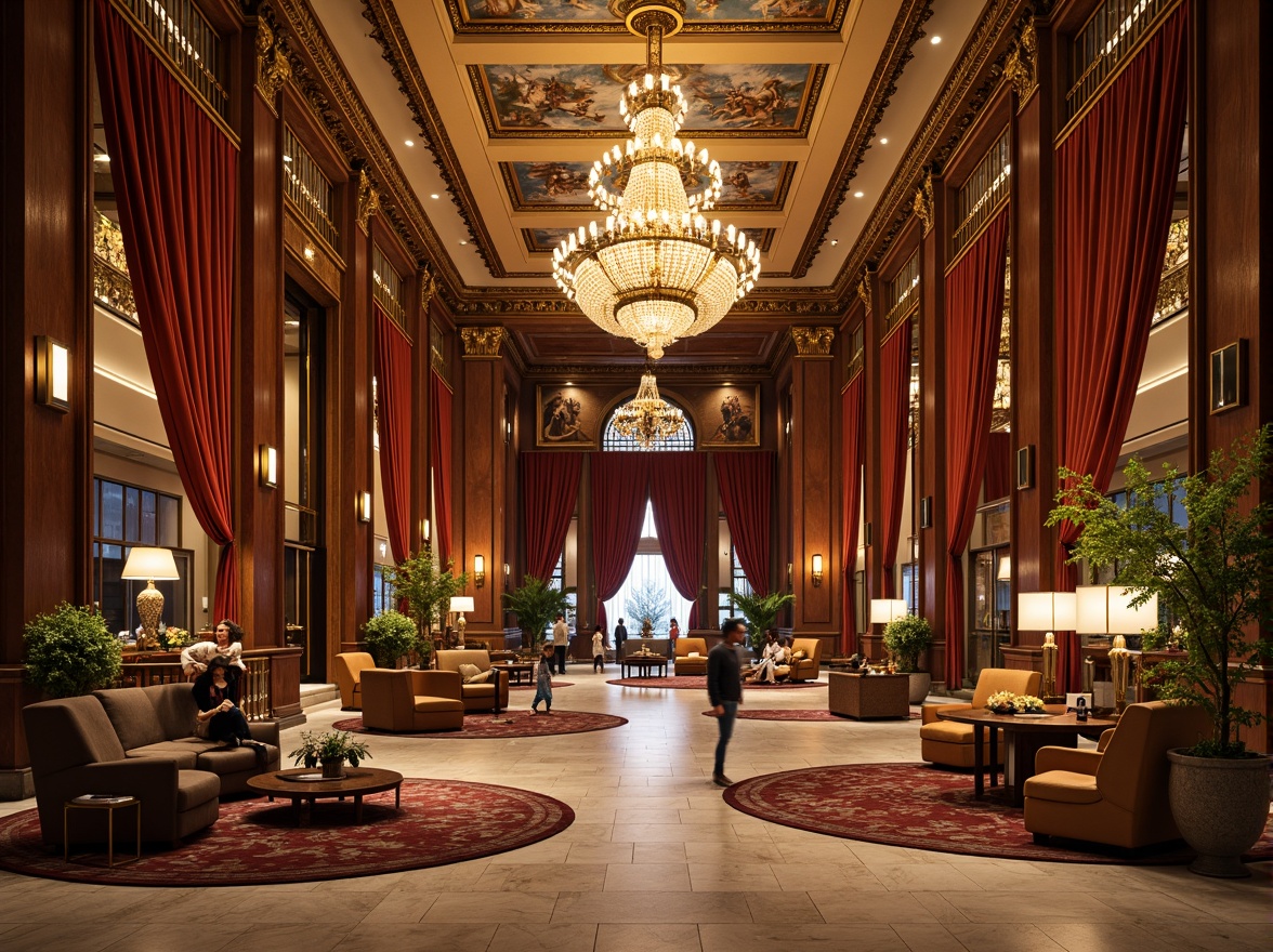 Prompt: Luxurious hotel lobby, grand chandelier, ornate furnishings, rich velvet drapes, intricately carved wooden panels, gilded mirrors, marble floors, ornamental columns, lavish frescoes, Baroque-inspired architecture, opulent textiles, regal color palette, warm golden lighting, shallow depth of field, 1/1 composition, realistic textures, ambient occlusion.