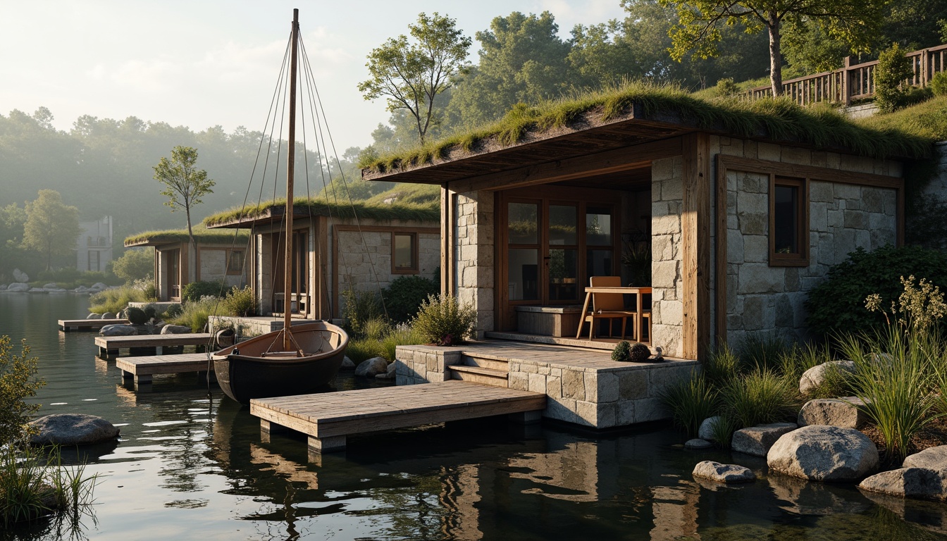 Prompt: Rustic boathouse, brutalist architecture, rugged stone walls, wooden docks, nautical ropes, sailboat-inspired design, industrial metal accents, reclaimed wood textures, earthy color palette, moss-covered roofs, overhanging eaves, natural light pouring in, dramatic shadows, misty morning atmosphere, serene lake surroundings, lush greenery, water reflections, 1/1 composition, soft warm lighting, realistic materials, ambient occlusion.