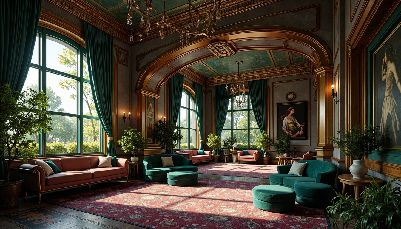 Prompt: Opulent Art Nouveau interior, lavish furnishings, sinuous lines, flowing curves, organic forms, jewel-toned colors, emerald green, sapphire blue, amethyst purple, golden accents, ornate metalwork, intricate patterns, stained glass windows, mosaic tiles, velvet drapes, luxurious fabrics, soft warm lighting, dramatic shadows, 1/1 composition, intimate atmosphere, realistic textures, ambient occlusion.