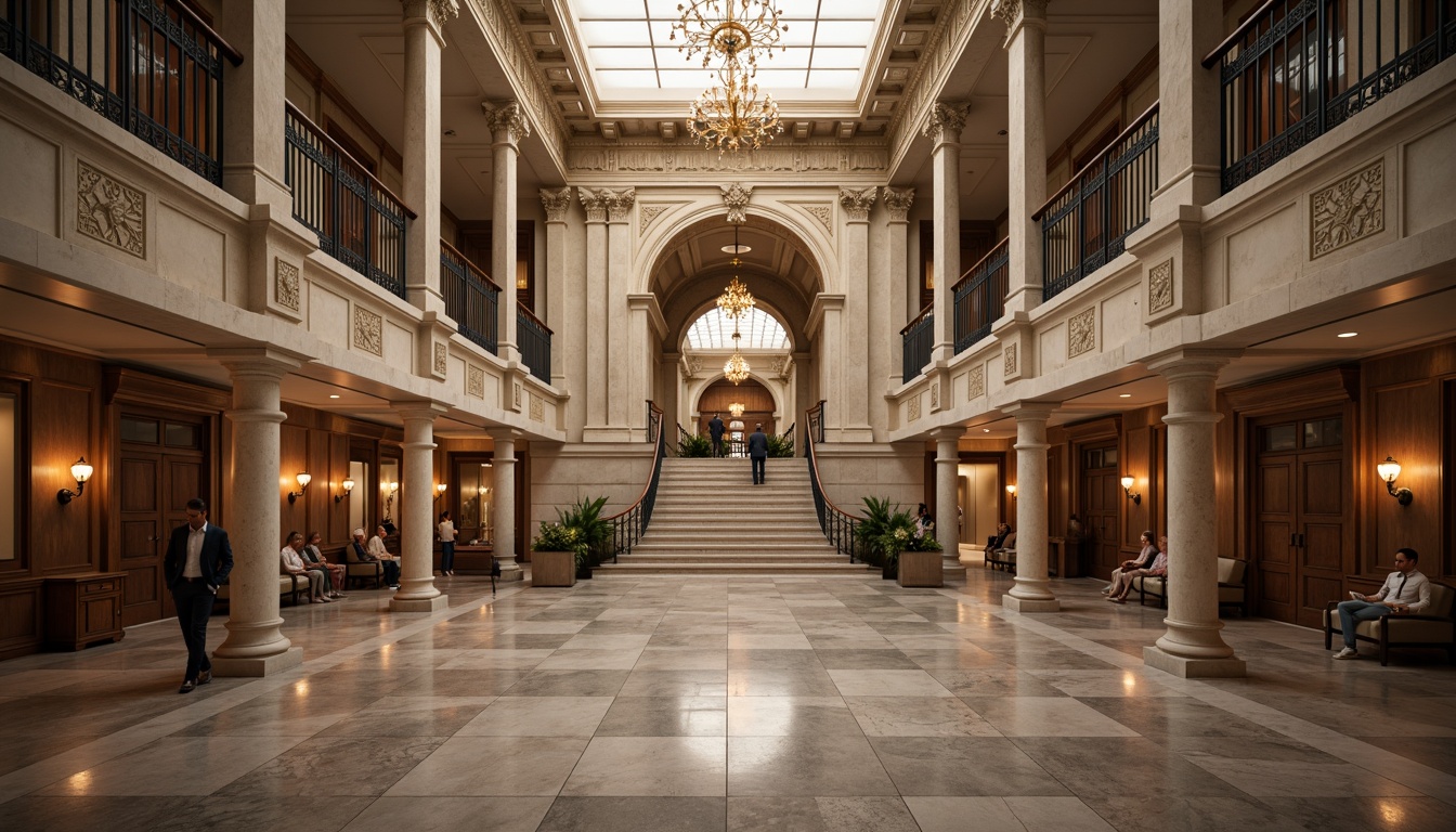 Prompt: Grandiose research center, neoclassical facade, ornate columns, carved stone details, symmetrical composition, grand entrance, sweeping staircases, elegant balustrades, refined wood paneling, luxurious chandeliers, subtle warm lighting, soft focus, shallow depth of field, 2/3 composition, panoramic view, realistic textures, ambient occlusion.