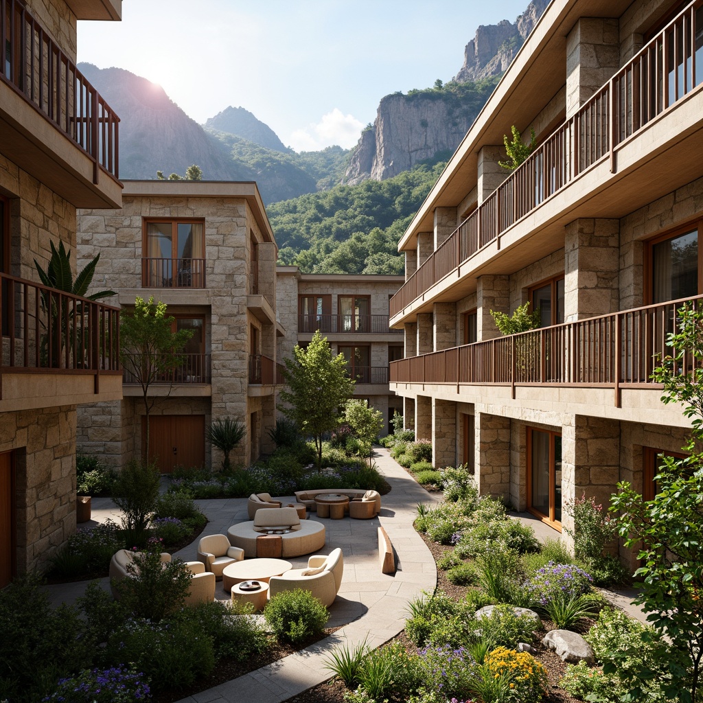 Prompt: Cozy dormitory, natural stone walls, wooden accents, lush greenery, vibrant flowers, private balconies, outdoor seating areas, rustic metal railings, earthy color palette, warm soft lighting, shallow depth of field, 3/4 composition, panoramic view, realistic textures, ambient occlusion, mountainous backdrop, serene atmosphere, eco-friendly materials, sustainable design elements, organic shapes, curved lines, minimalist decor, comfortable furnishings, plush carpets, nature-inspired artwork.