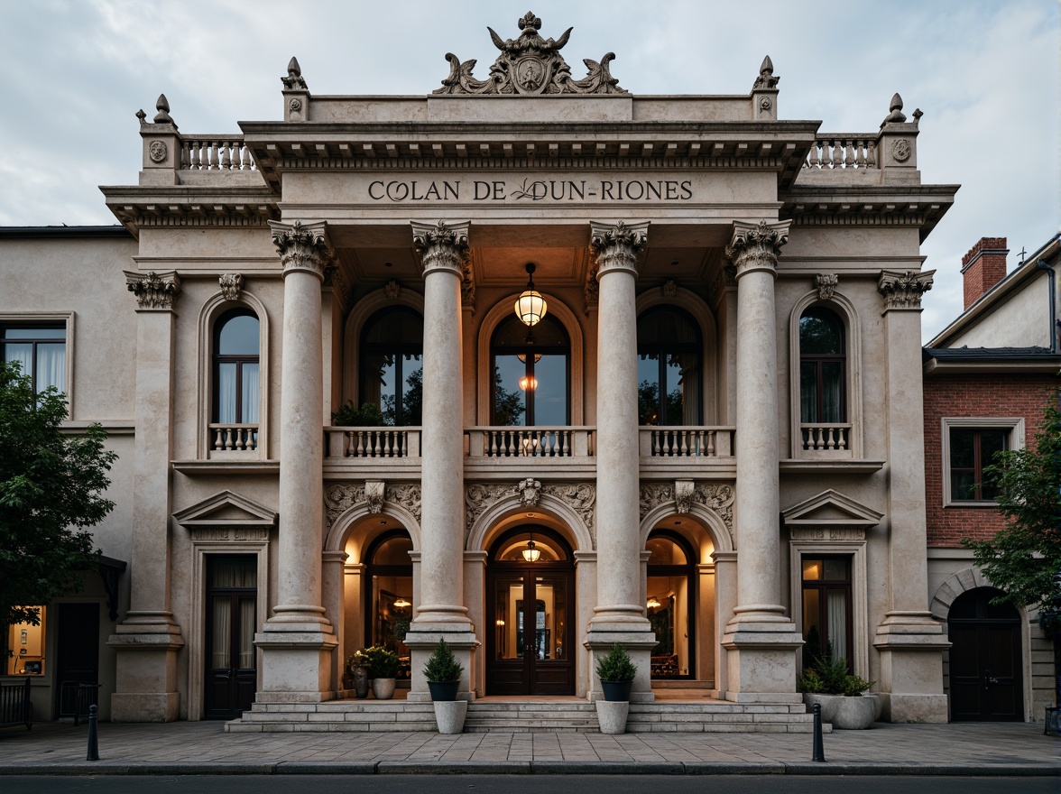 Prompt: Grand neoclassical building, ornate columns, intricately carved capitals, fluted shafts, ornamental pedestals, polished marble bases, symmetrical facade, rusticated quoins, arched windows, decorative cornices, classical pilasters, ornate friezes, sculpted metopes, triglyphs, acroteria, subtle warm lighting, shallow depth of field, 1/1 composition, realistic textures, ambient occlusion.