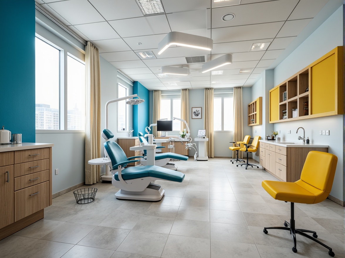 Prompt: Modern dental clinic interior, Bauhaus-inspired color palette, calming whites, creamy grays, bold blues, vibrant yellows, sleek metal accents, minimalist furniture, geometric patterns, clean lines, functional lighting, natural stone floors, wooden cabinetry, ergonomic chairs, futuristic equipment, sterile atmosphere, soft ambient lighting, shallow depth of field, 1/1 composition, realistic textures, ambient occlusion.