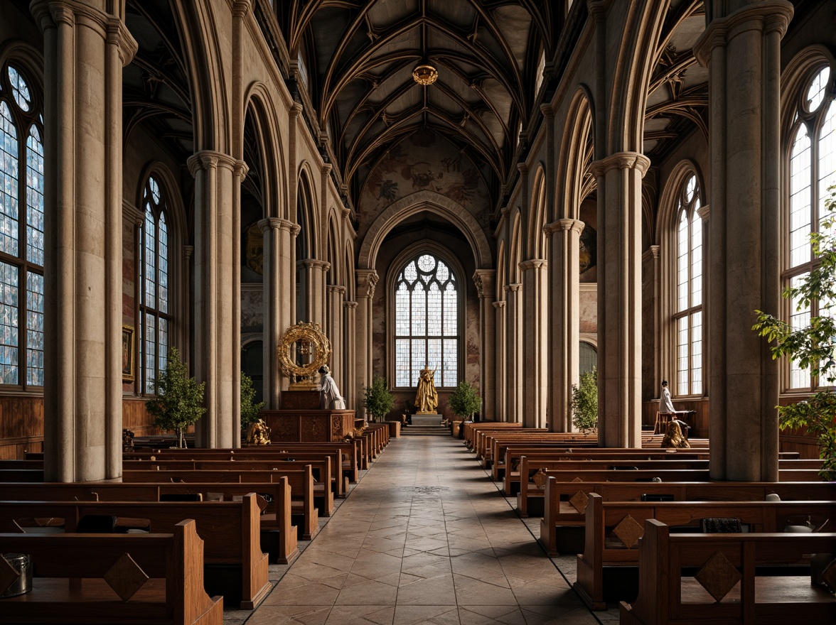 Prompt: Intricate stone carvings, ornate wooden pews, stained glass windows, grandiose vaulted ceilings, ribbed arches, Gothic-inspired columns, lavish frescoes, ornamental metalwork, intricate mosaics, subtle warm lighting, soft focus, shallow depth of field, 1/2 composition, symmetrical framing, richly patterned textiles, luxurious velvet drapes, polished marble floors, ornate golden accents, mystical ambiance, serene atmosphere.