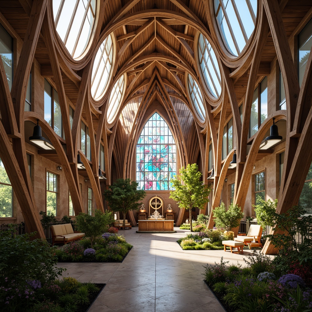 Prompt: Organic church architecture, flowing curves, ornate details, stained glass windows, vibrant colors, natural stone walls, wooden accents, botanical motifs, intricate carvings, grand entrance, high ceilings, open spaces, clerestory windows, soft warm lighting, ambient occlusion, 1/1 composition, realistic textures, lush greenery, blooming flowers, serene atmosphere, peaceful ambiance, sustainable materials, recycled wood, low-carbon footprint, energy-efficient systems, rainwater harvesting, living roofs, eco-friendly furnishings.