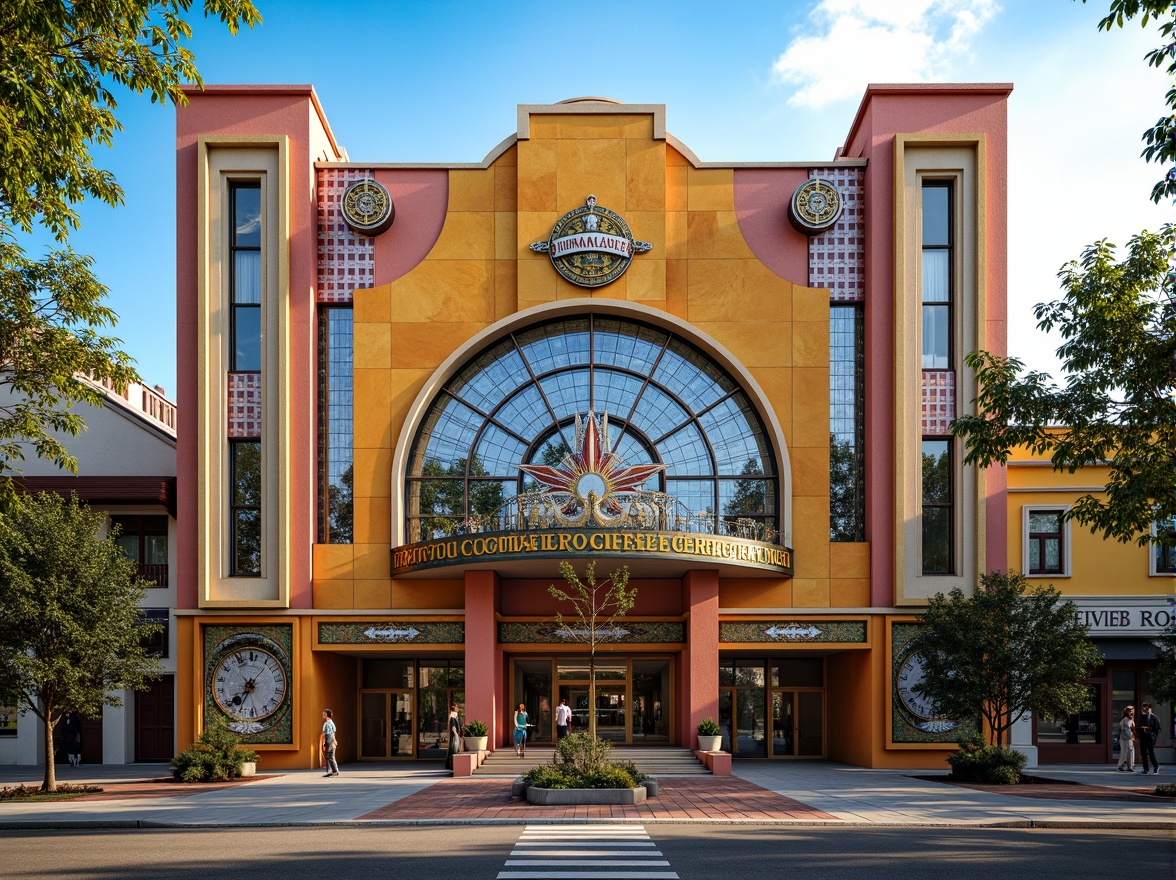 Prompt: Vibrant community center, Art Deco inspired facade, ornate metalwork, geometric patterns, bold typography, bright color scheme, glazed ceramic tiles, intricate mosaics, grand entrance, sweeping archways, ornamental columns, luxurious materials, ambient lighting, shallow depth of field, 1/1 composition, realistic textures, soft warm glow, sunny day, urban landscape, bustling streets, eclectic neighborhood.