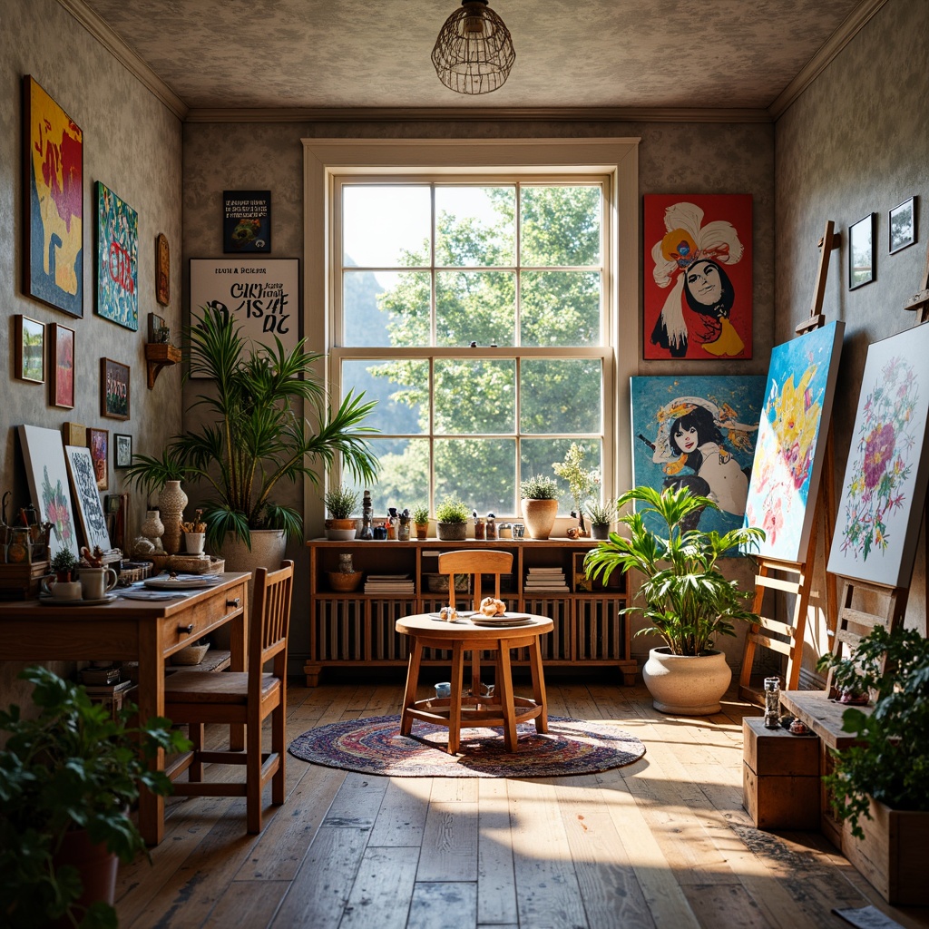 Prompt: Vibrant art studio, eclectic furniture, bold brushstrokes, abstract canvases, artistic easels, paint-splattered aprons, colorful palettes, mixing mediums, textured papers, natural light pouring in, wooden floorboards, inspirational quotes, creative freedom, warm cozy atmosphere, soft overhead lighting, 3/4 composition, shallow depth of field, realistic textures.