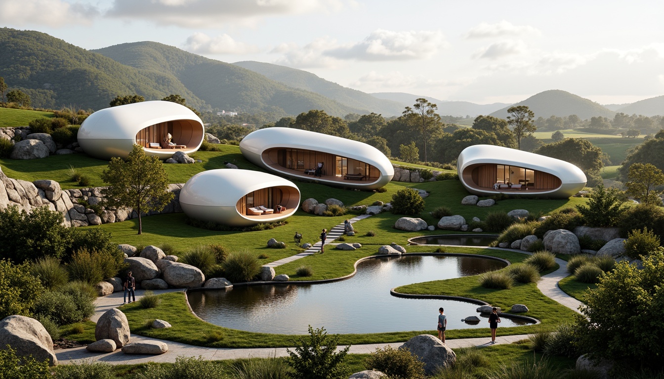 Prompt: Organic blob-shaped buildings, futuristic architecture, iridescent colors, glossy surfaces, undulating curves, natural landscape integration, rolling hills, lush greenery, meandering pathways, serene water features, reflecting pools, raked gravel gardens, moss-covered walls, weathered wood accents, soft warm lighting, shallow depth of field, 3/4 composition, panoramic view, realistic textures, ambient occlusion.