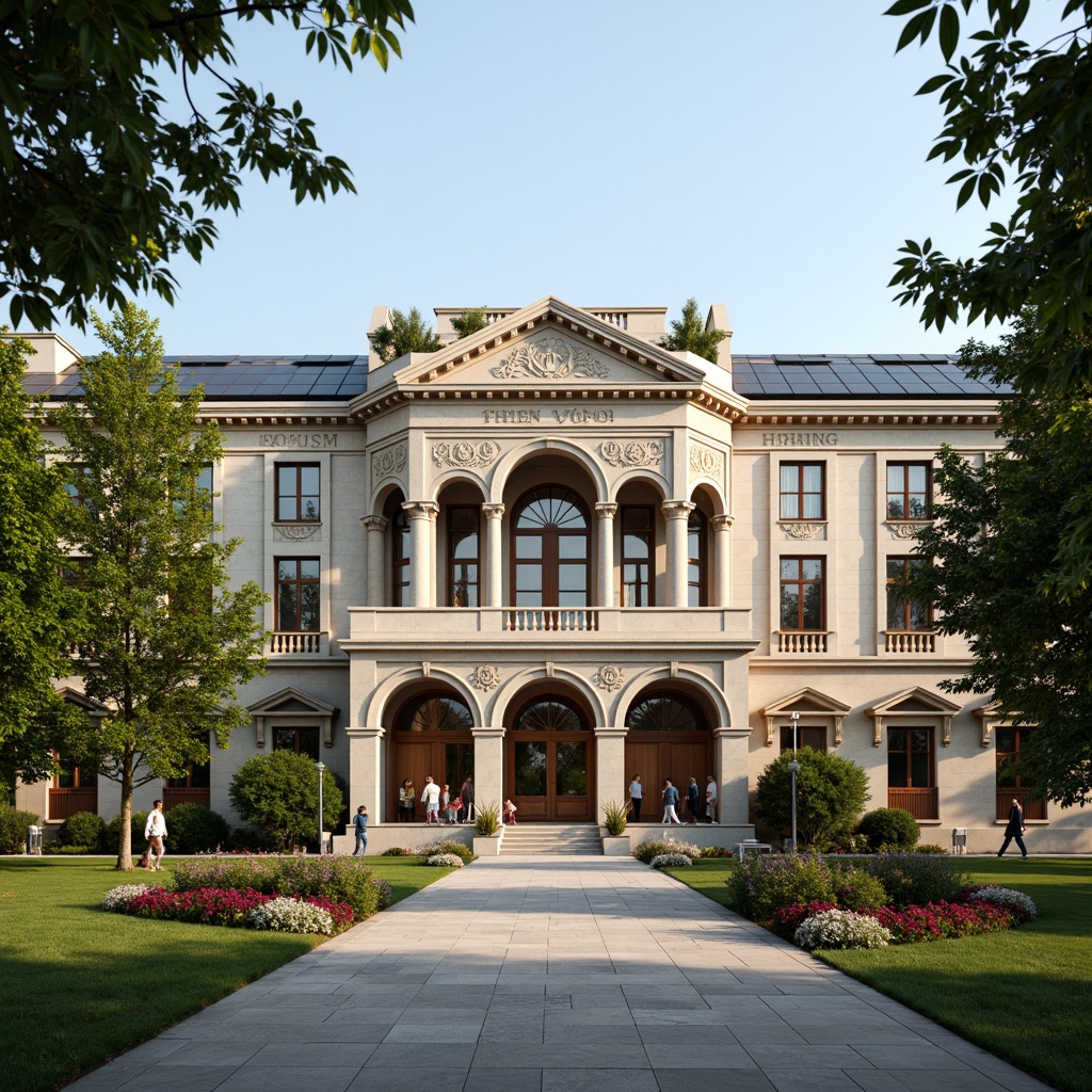 Prompt: Grand university building, neoclassical facade, ornate columns, carved stone details, symmetrical architecture, rusticated base, arched windows, balconies with intricate metalwork, grand entrance with wooden doors, polished bronze hardware, lush greenery, vibrant flowers, natural stone walkways, modern innovative materials, energy-efficient systems, solar panels, green roofs, eco-friendly materials, soft warm lighting, shallow depth of field, 3/4 composition, panoramic view, realistic textures, ambient occlusion.