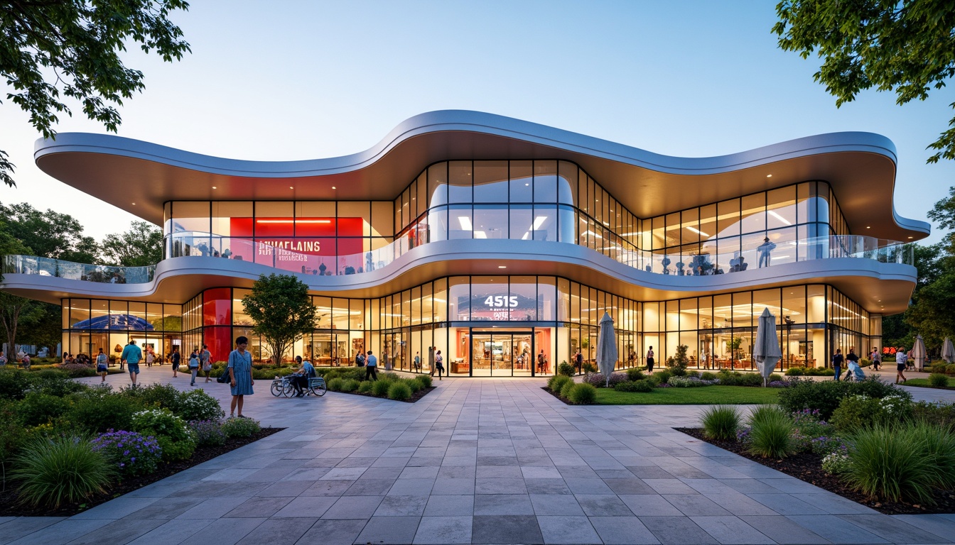 Prompt: Vibrant high school building, fusion architecture style, curved lines, dynamic shapes, bold color scheme, metallic materials, glass fa\u00e7ade, LED lighting system, modern entrance design, cantilevered rooflines, open-air courtyard, lush greenery, educational signage, interactive display screens, collaborative learning spaces, flexible seating arrangements, natural stone flooring, polished concrete walls, abundant daylighting, soft warm ambiance, shallow depth of field, 3/4 composition, panoramic view, realistic textures, ambient occlusion.