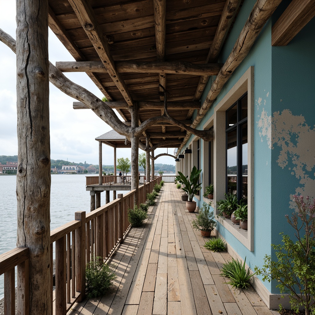 Prompt: Weathered wooden docks, rusty metal railings, driftwood accents, ocean-battered concrete walls, salt-resistant glass windows, coral-inspired stonework, seaweed-covered roofs, beachy sandy floors, nautical-themed decorative elements, distressed finishes, weathered steel beams, ocean-blue color palette, natural textures, earthy tones, 1/2 composition, warm soft lighting, shallow depth of field, realistic reflections.