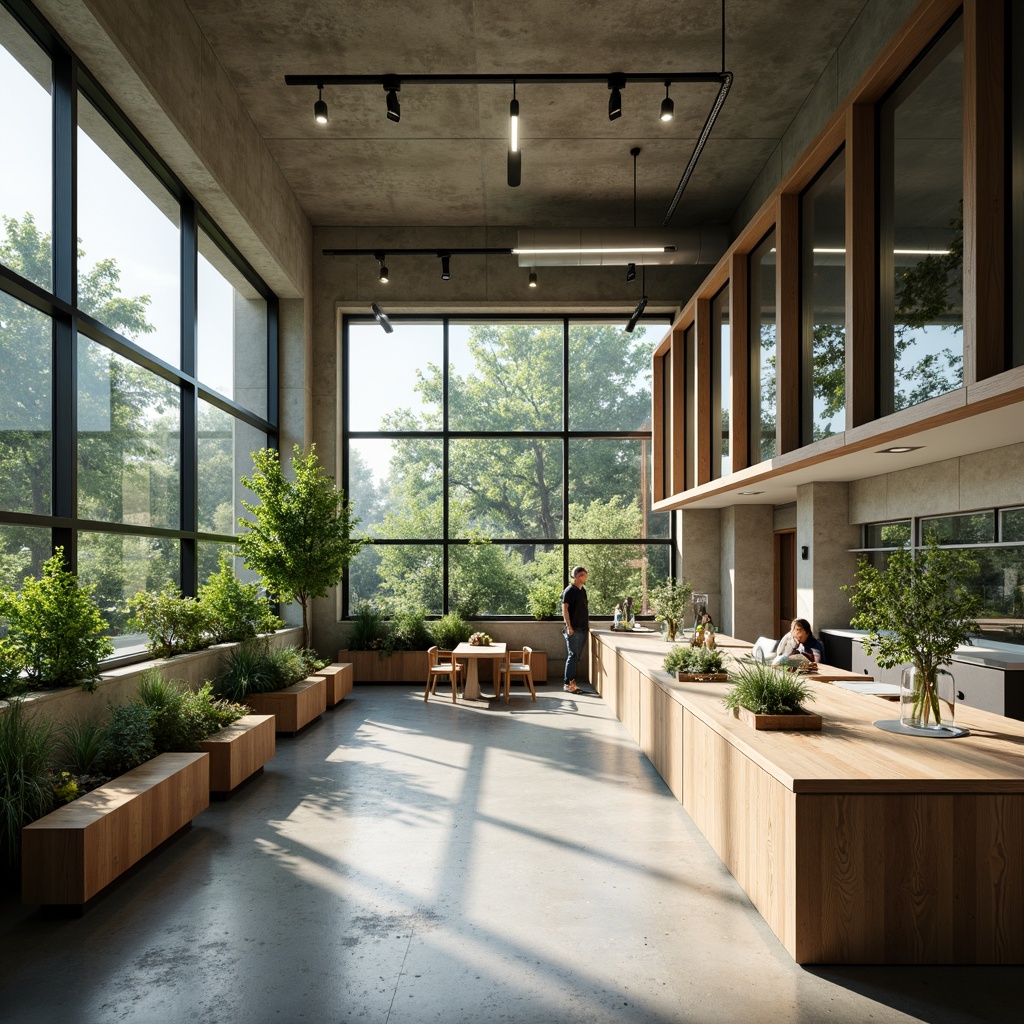 Prompt: Minimalist laboratory interior, eco-friendly materials, recycled countertops, energy-efficient lighting, natural ventilation systems, green walls, living plants, reclaimed wood furniture, simple geometric shapes, industrial chic aesthetic, monochromatic color scheme, abundant natural light, soft diffused shadows, 1/1 composition, shallow depth of field, realistic textures, ambient occlusion.