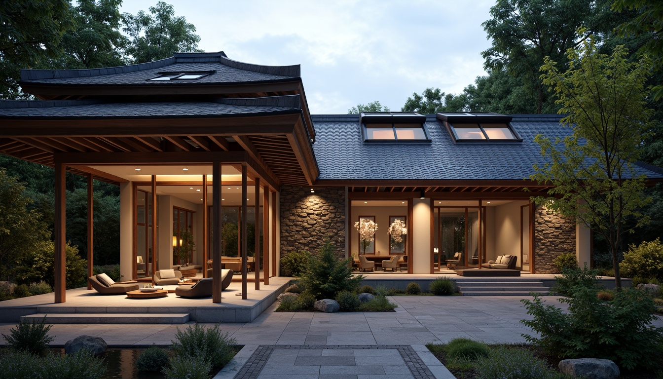 Prompt: Traditional Japanese tiles, curved rooflines, modern minimalist design, sleek metal accents, natural wood beams, exposed rafters, skylights, clerestory windows, rustic stone walls, lush greenery, overhanging eaves, subtle lighting, warm ambient glow, shallow depth of field, 1/1 composition, realistic textures, ambient occlusion.