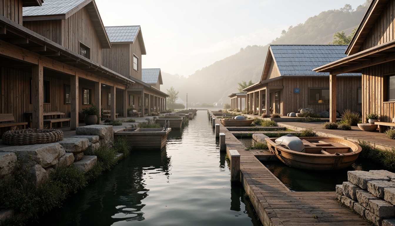 Prompt: Rustic wooden docks, weathered boat hulls, nautical ropes, distressed metal accents, reclaimed wood planks, earthy stone foundations, moss-covered roofs, serene lake surroundings, misty morning atmosphere, soft warm lighting, shallow depth of field, 3/4 composition, panoramic view, realistic textures, ambient occlusion.