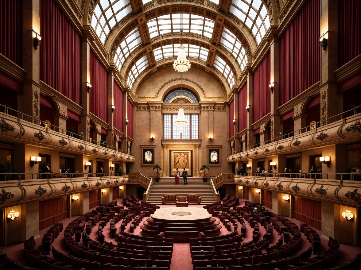 Prompt: Grand opera house, sweeping curves, ornate details, rich wood tones, velvet drapes, golden accents, majestic chandeliers, natural stone walls, grand staircase, intricate carvings, soft warm lighting, diffused sunlight, clerestory windows, high ceilings, dramatic shadows, 1/1 composition, symmetrical framing, realistic textures, ambient occlusion.